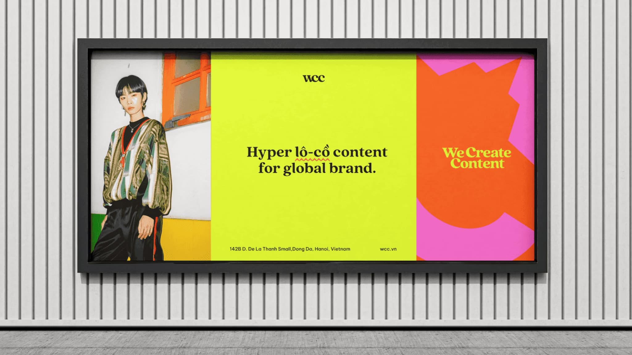 Bright advertising billboard featuring a stylish individual promoting hyper-local content for global brands.