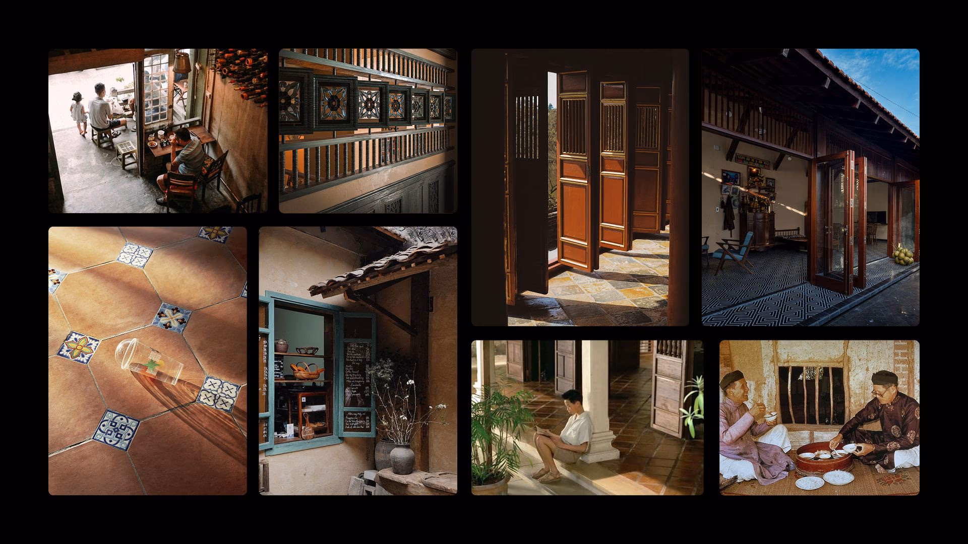 Interior view collage of traditional wooden rooms with veranda, courtyard, and handicraft displays indoors