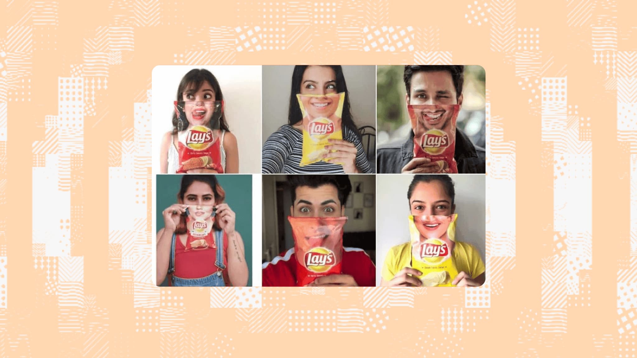 Collage of six people playfully holding Lay's potato chip bags, showcasing diverse expressions and enjoyment of the snack.
