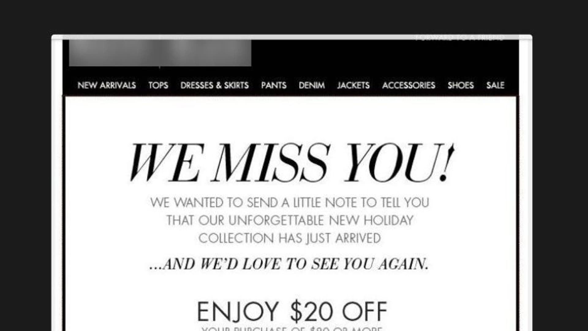 "Holiday collection announcement with a special offer of $20 off for returning customers."