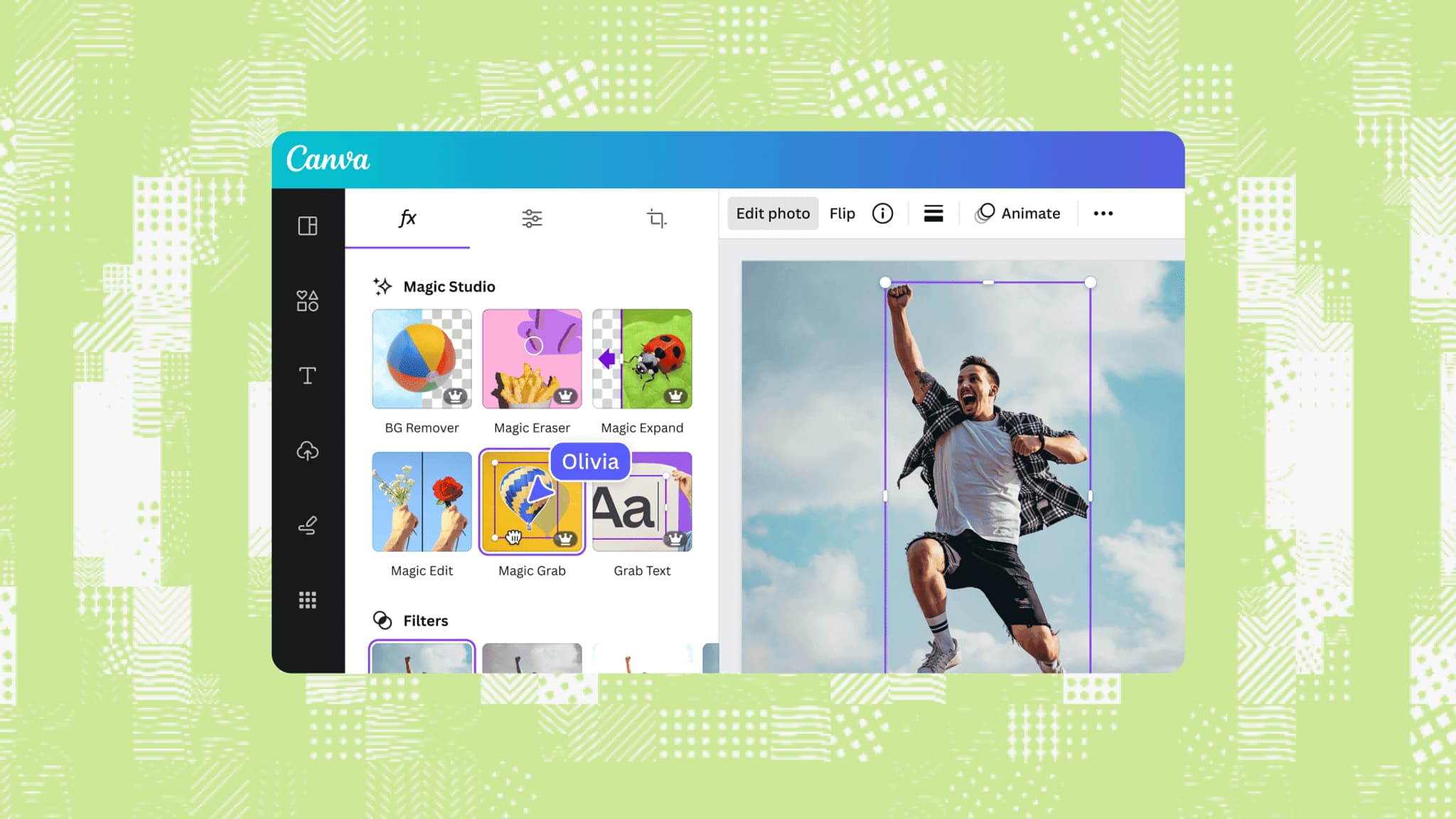 Canva design interface showcasing a user editing a photo with tools for graphics and text options.