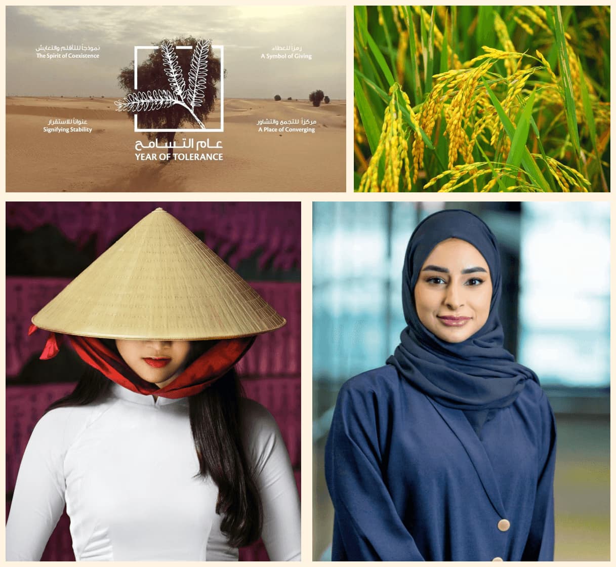 Cultural diversity collage featuring UAE Year of Tolerance, rice crops, a Vietnamese hat and a Muslim woman in hijab
