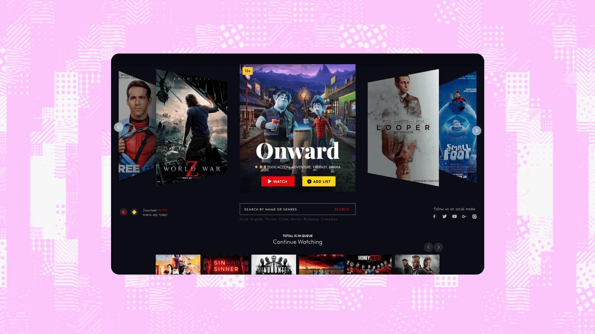 Screenshot of a streaming platform's homepage showcasing movie titles like "Onward," with a vibrant pink background.