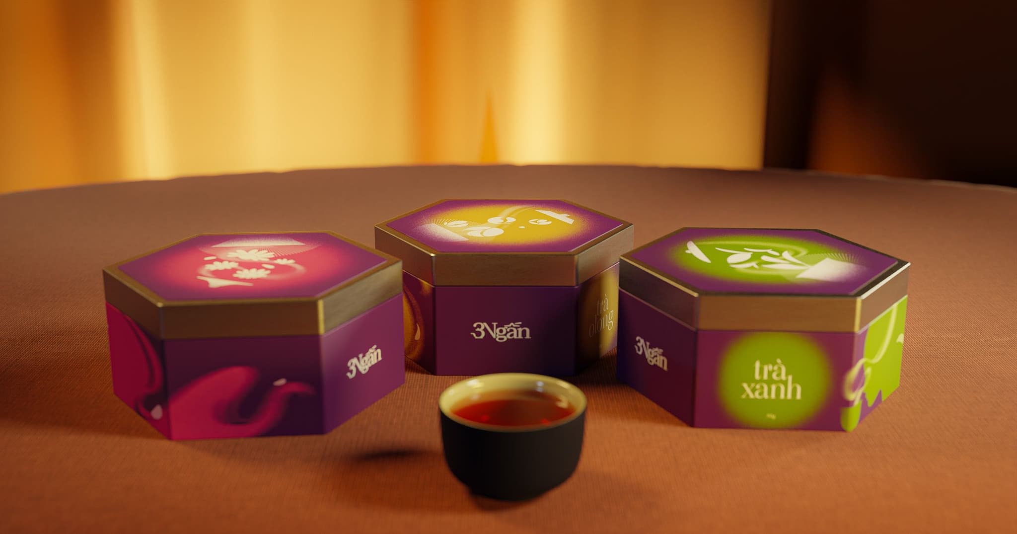 Colorful hexagonal tea boxes with various designs, arranged beside a small cup of tea on a textured surface.