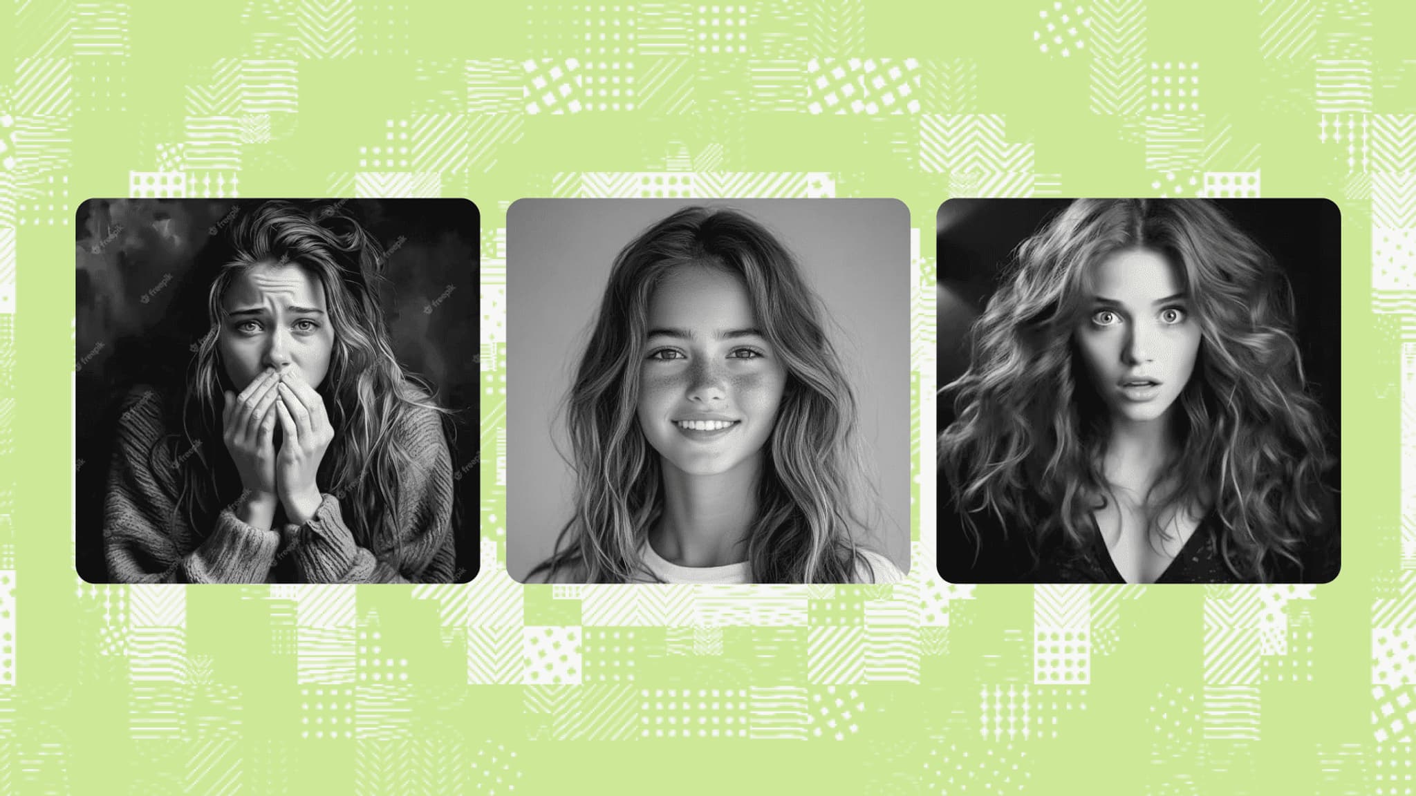 A collage showcasing three portraits of a woman with varying expressions: surprise, joy, and concern, on a green patterned background.