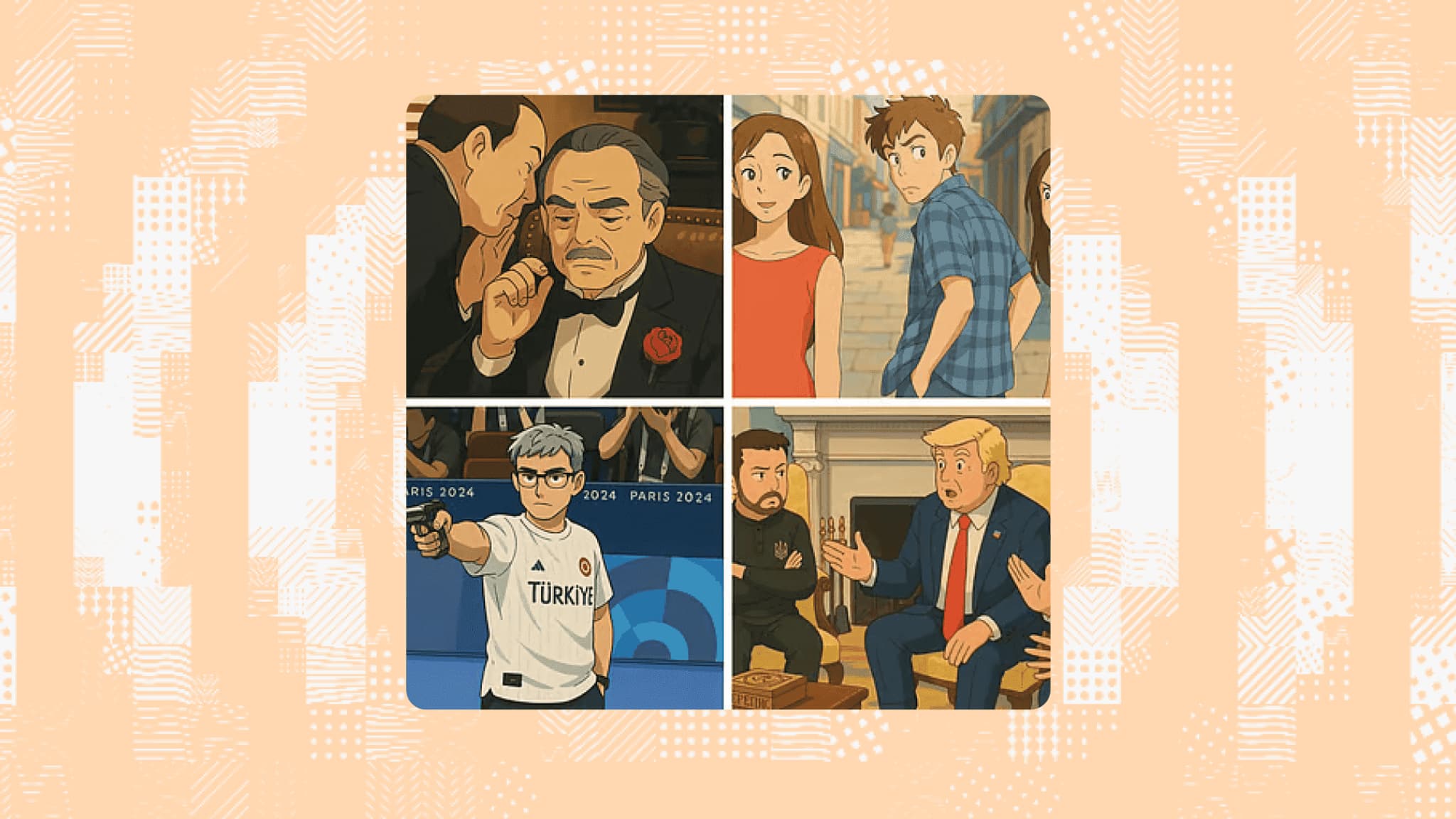 Collage of illustrated characters in various scenes, including a detective, a woman, and a cartoonish figure resembling a politician.