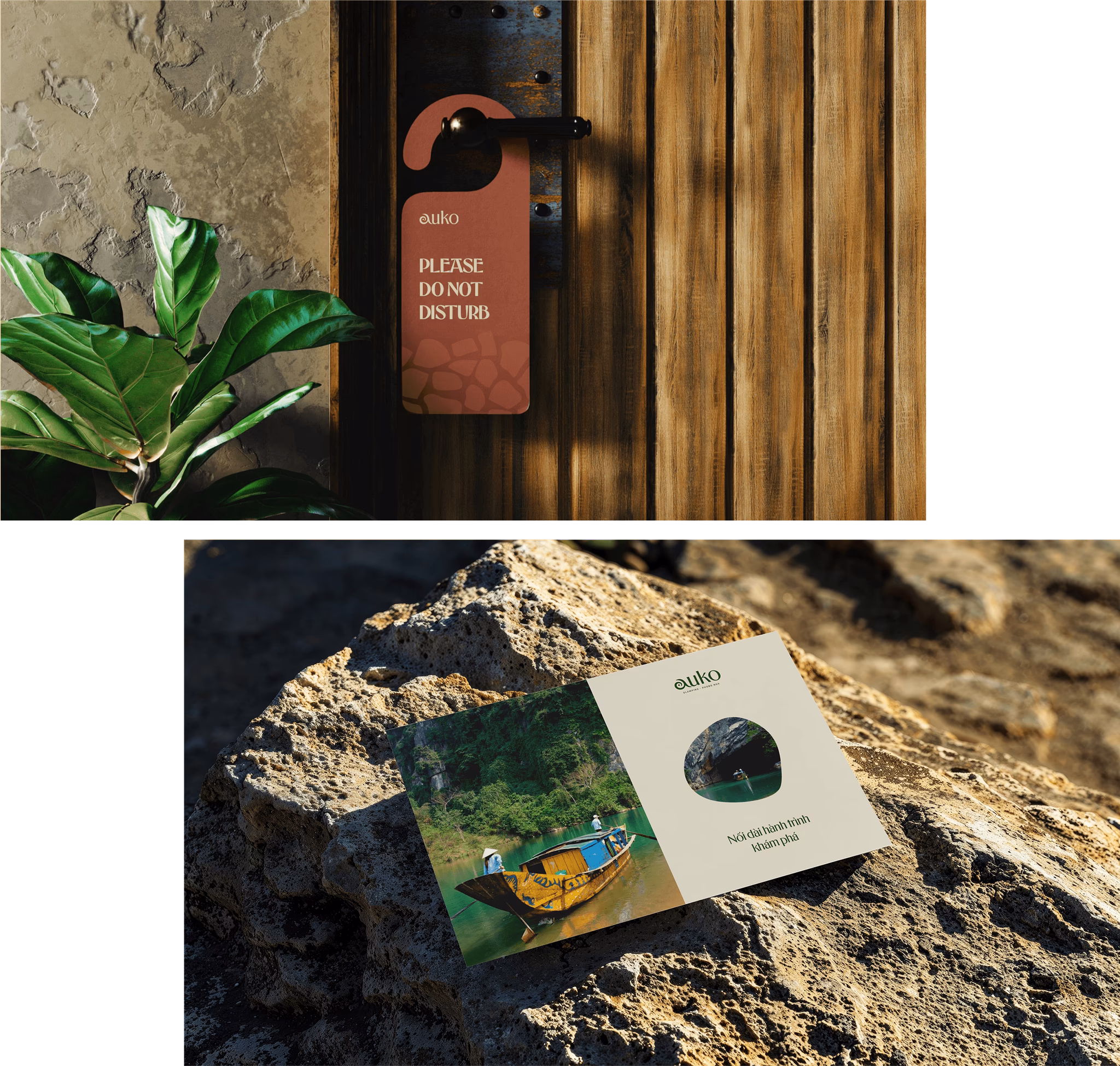 Auko application interface showing a door with a "Please Do Not Disturb" sign, surrounded by greenery and a brochure on a rock.