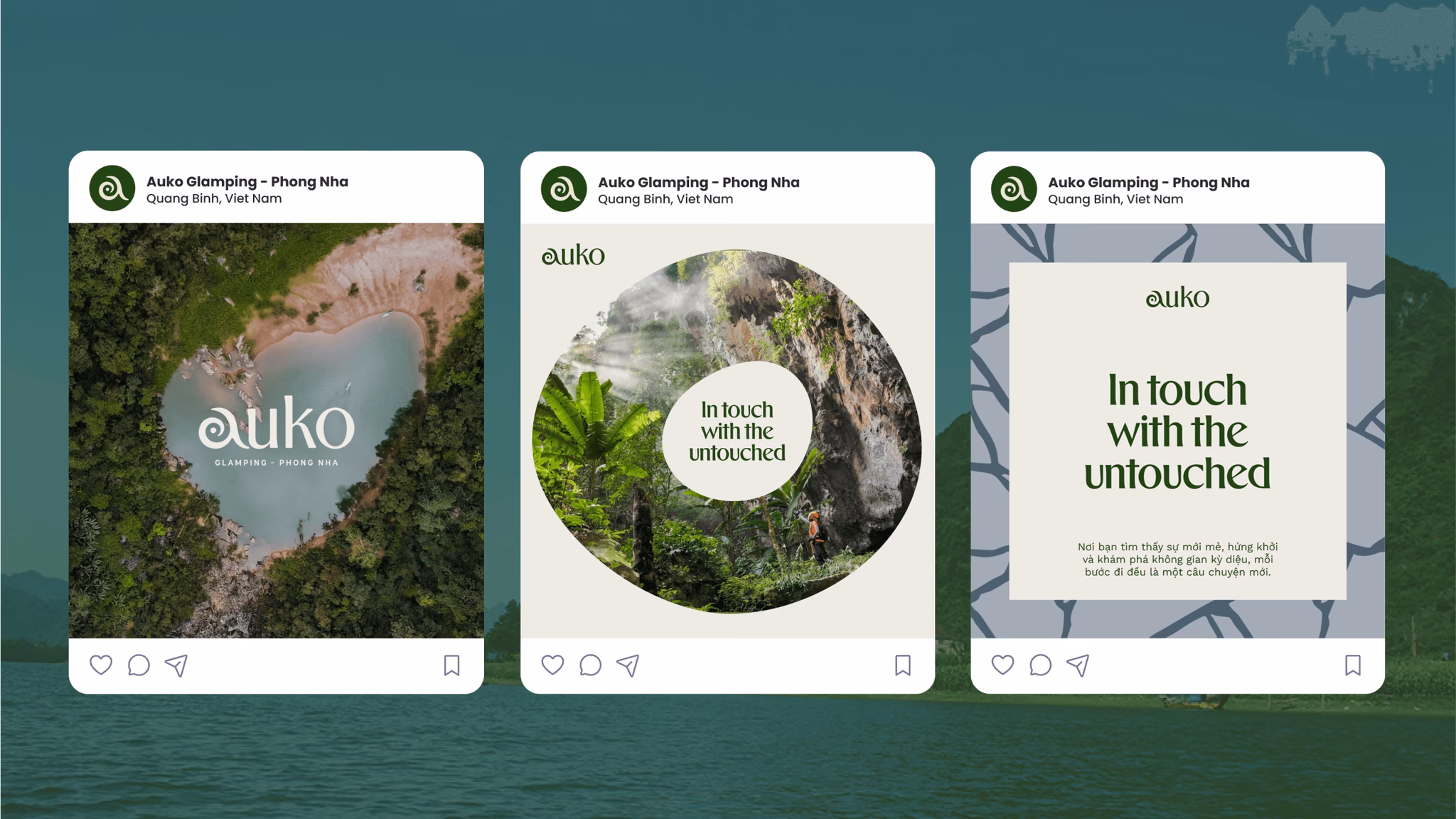 Social media graphic featuring Auko branding with nature themes and the phrase "In touch with the untouched."