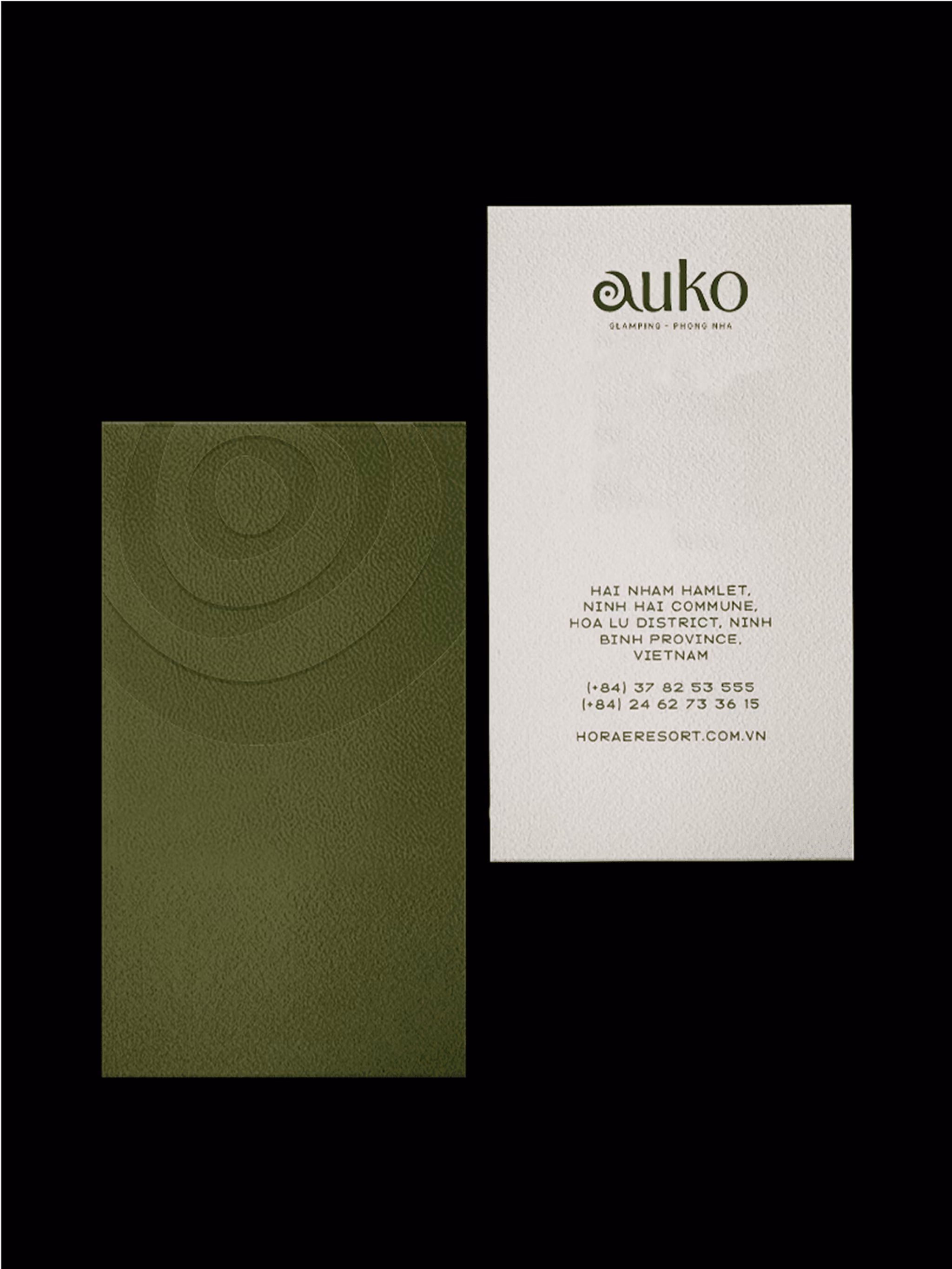 Elegant green menu design for Auko Resort, featuring textured cover and contact details in Vietnamese.
