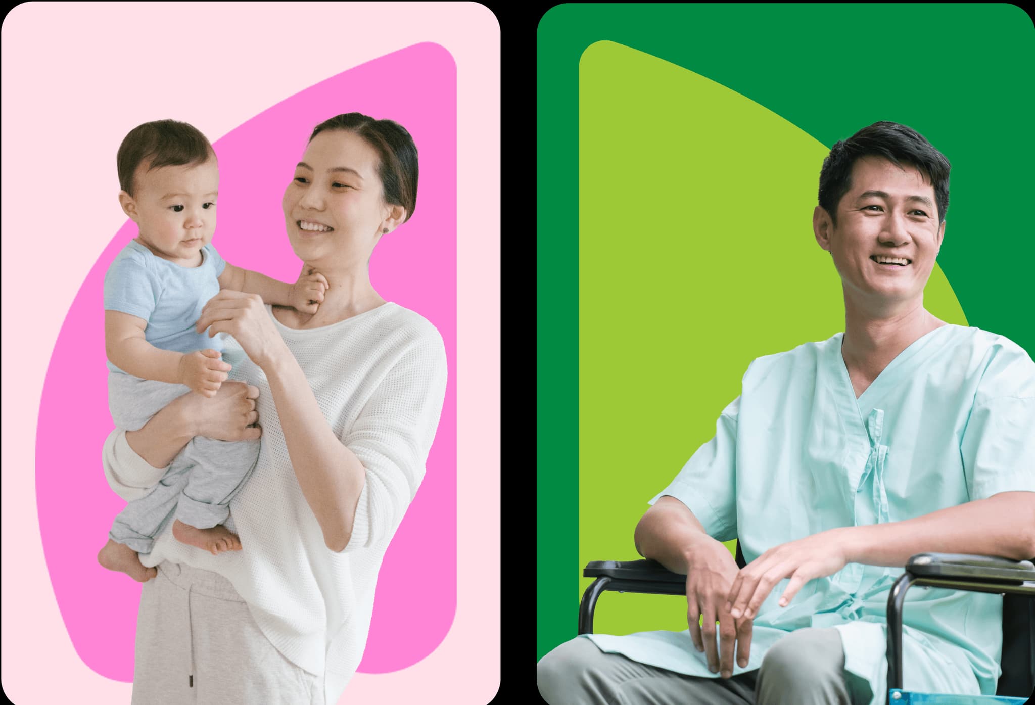 Mother holding a baby on a pink background, and a man in a wheelchair smiling on a green background.
