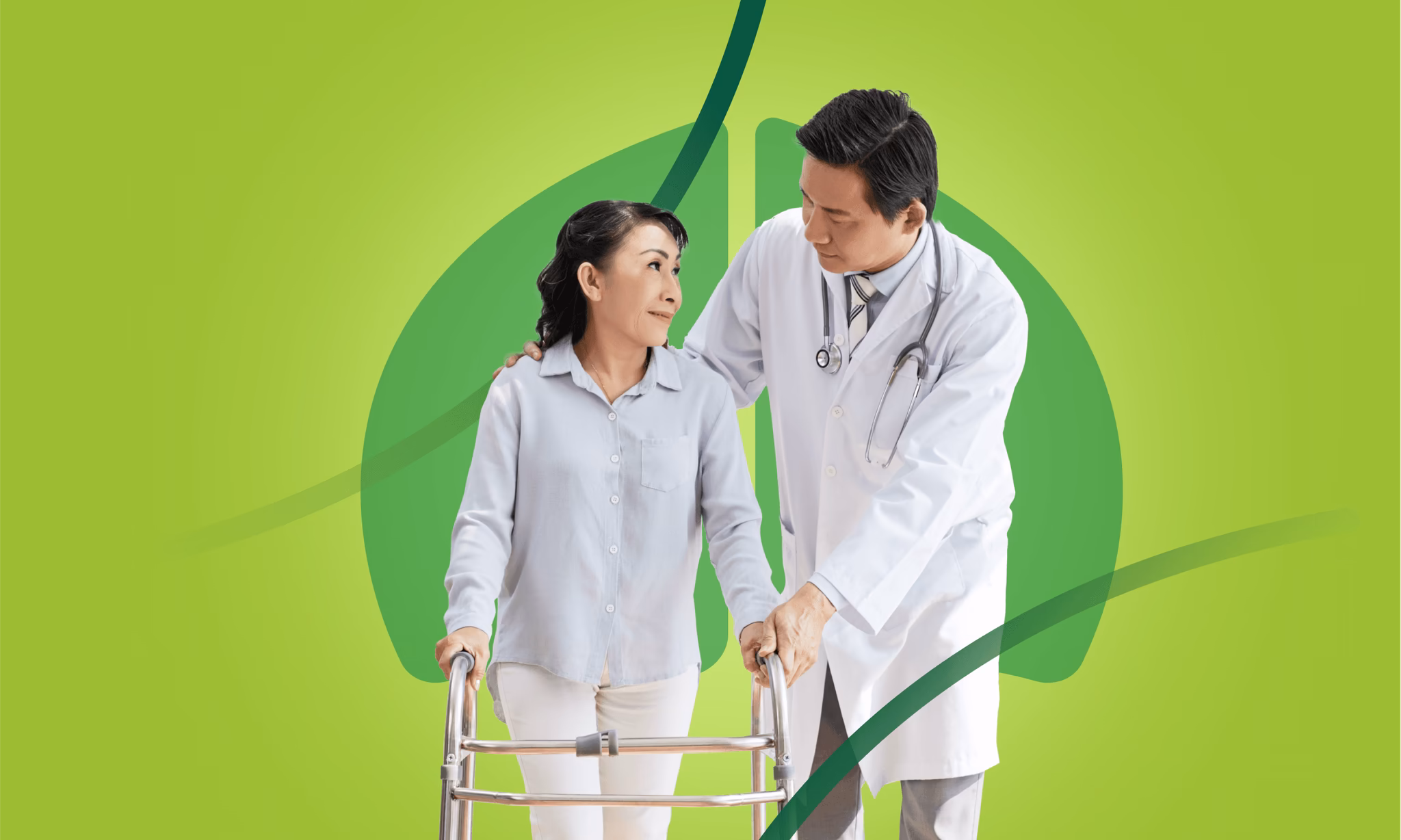 Healthcare professional assisting a patient with a walker against a vibrant green background, symbolizing support and wellness.