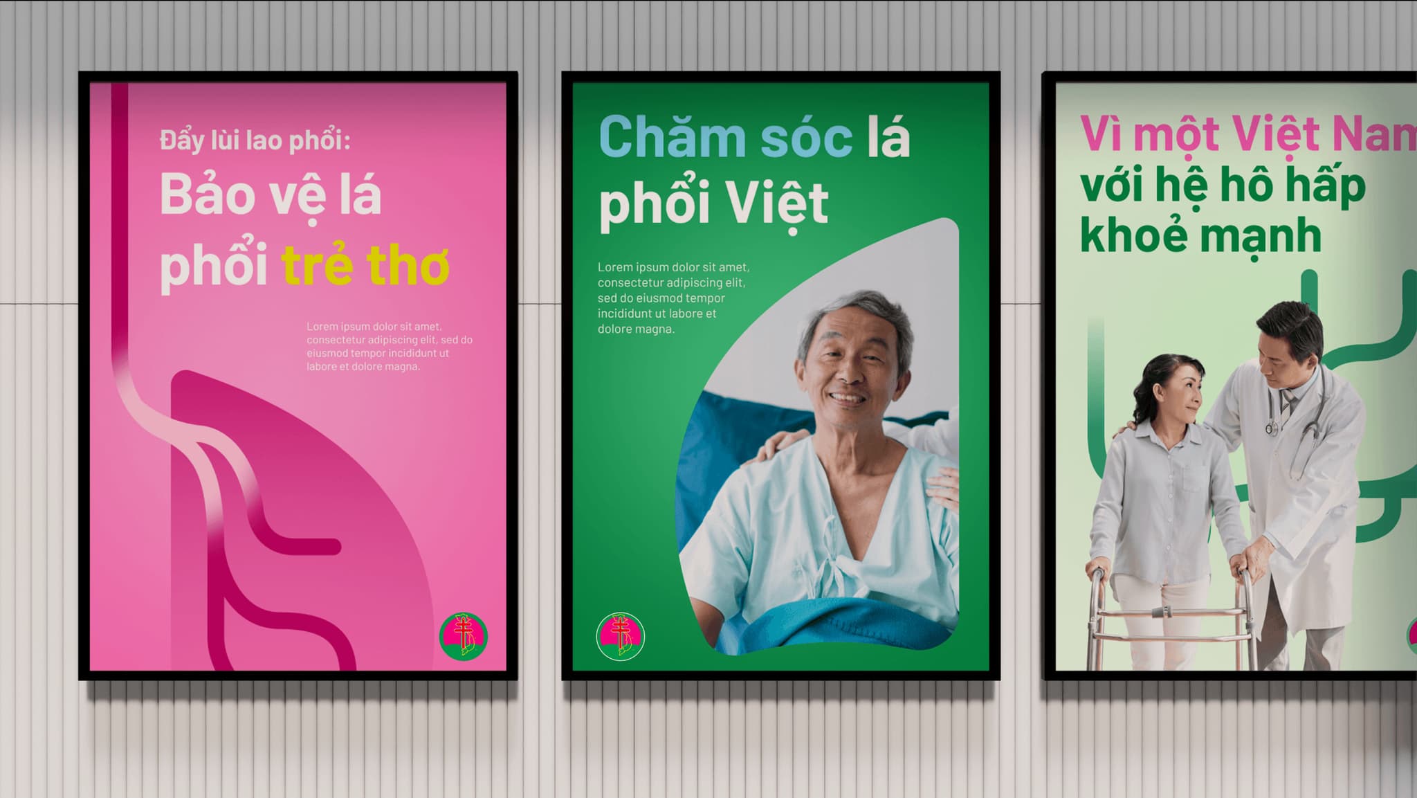 Posters promoting lung health awareness featuring Vietnamese text on a vibrant background, emphasizing care and health.