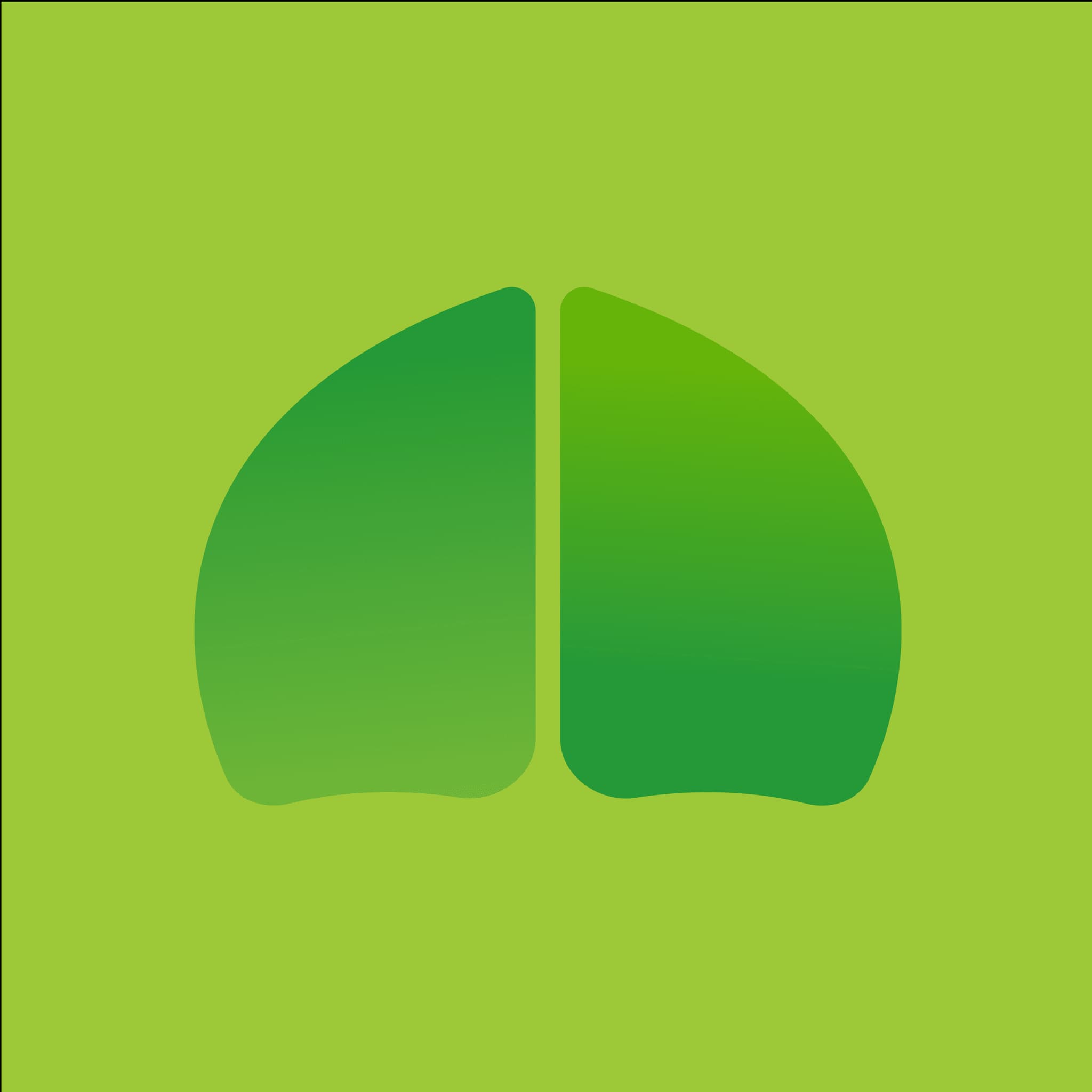 Abstract green logo featuring two curved shapes on a bright green background, symbolizing nature or growth.
