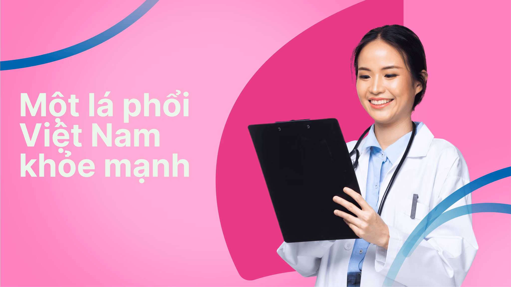 Healthcare professional smiling while holding a clipboard, with vibrant pink background and Vietnamese text promoting health.