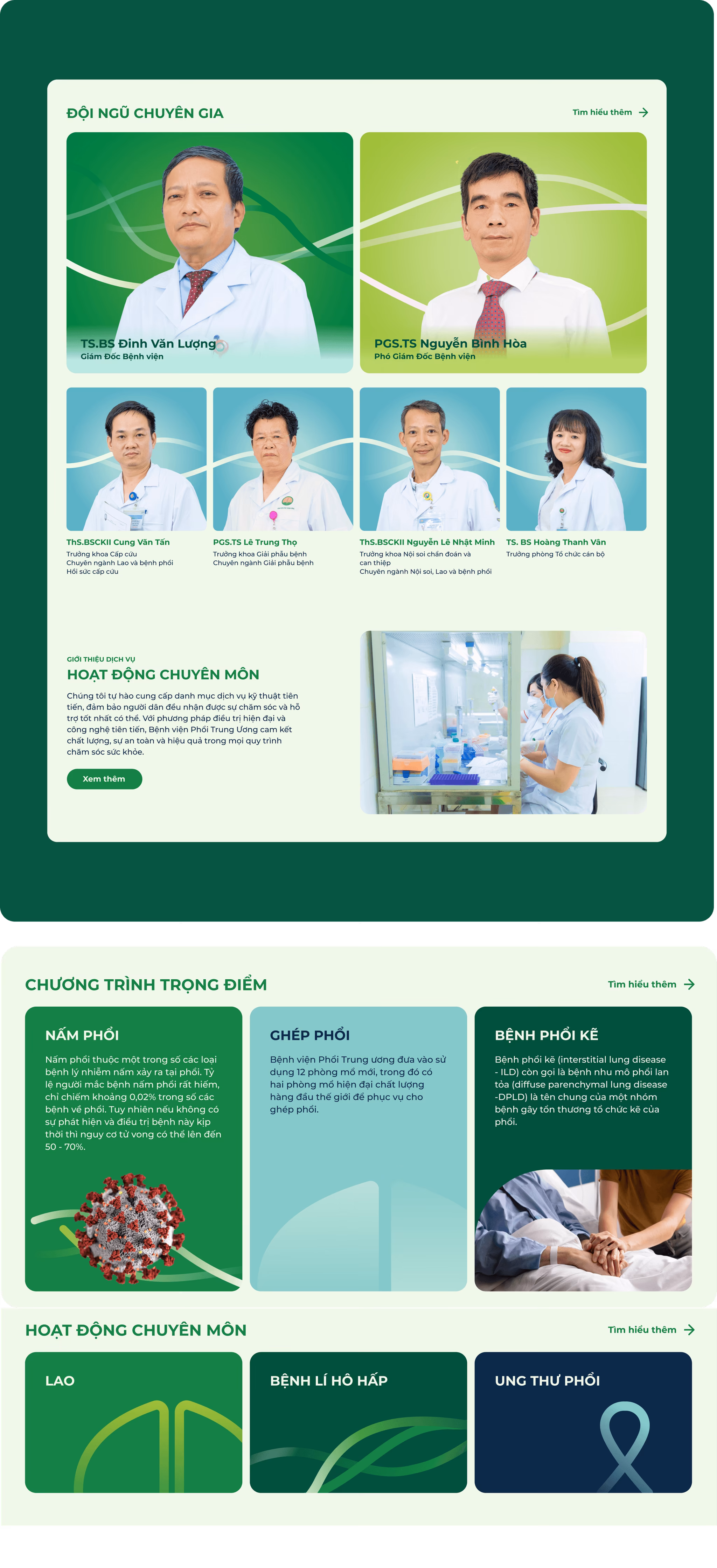 Collage of healthcare professionals and services, showcasing various medical specialties and activities in a green-themed design.