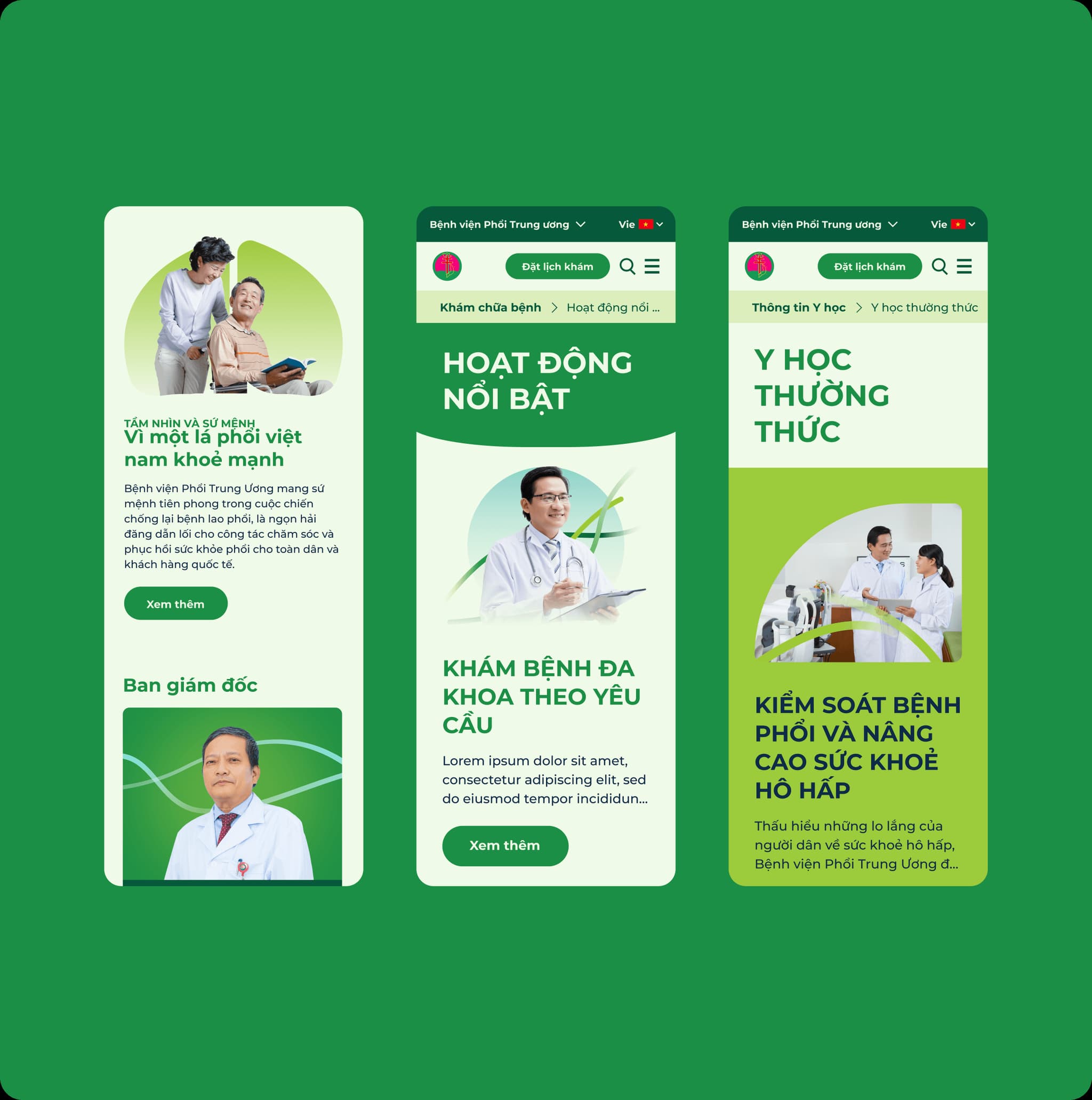 Mobile application interface showcasing health services in Vietnamese, featuring sections on featured activities and health checks.