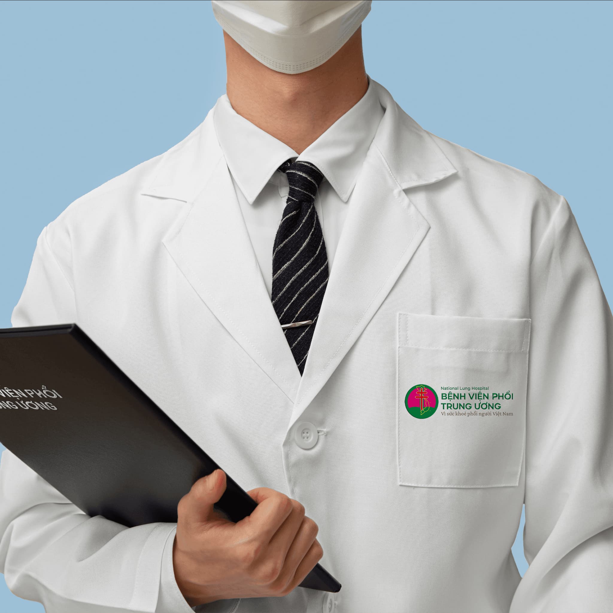 Doctor in a white lab coat holding a clipboard, wearing a mask, representing healthcare professionalism.
