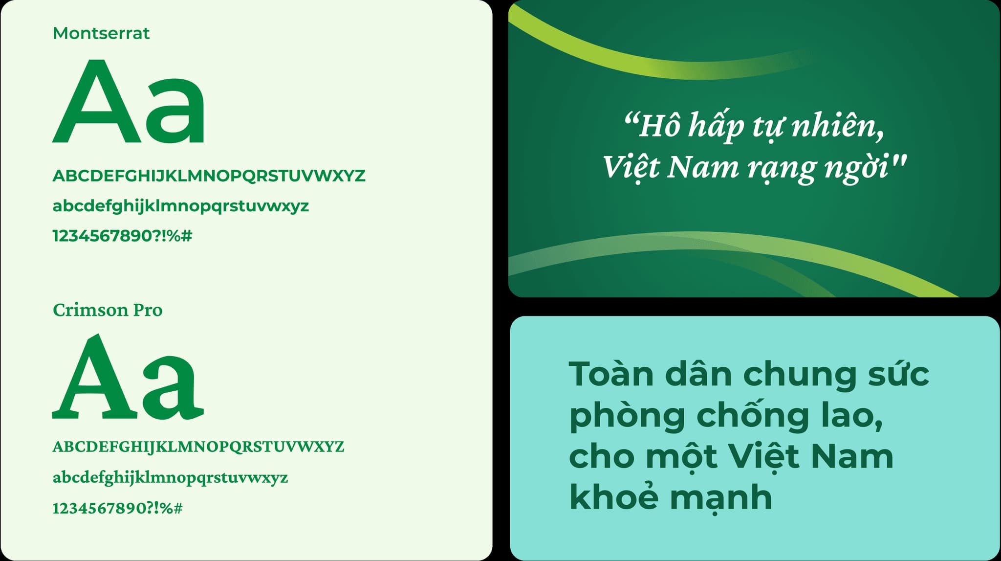 Typography sample showcasing Montserrat and Crimson Pro fonts, with Vietnamese text promoting health and well-being.