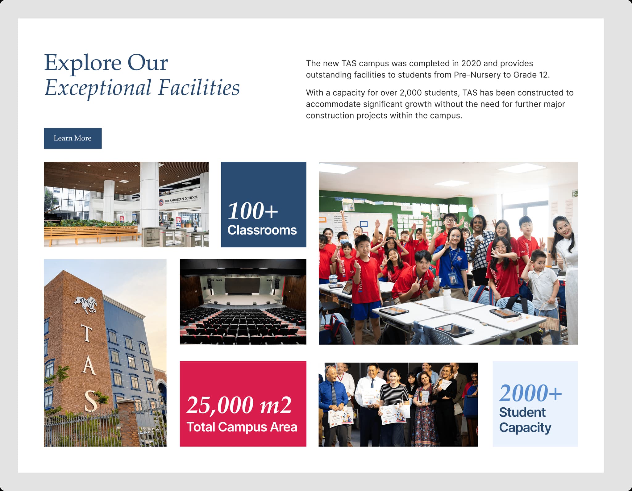 Collage showcasing TAS campus facilities: over 100 classrooms, 25,000 m² area, 2000+ student capacity, and student activities.