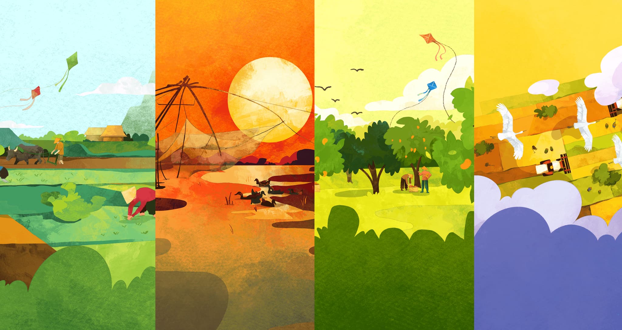 Colorful illustration depicting diverse landscapes and activities, including farming, fishing, and kite flying.