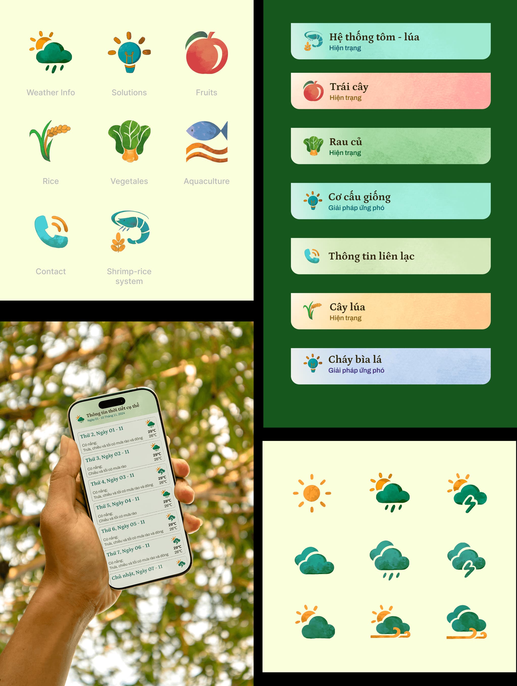Mobile app interface featuring agricultural solutions, weather updates, and fruits information against a nature backdrop.