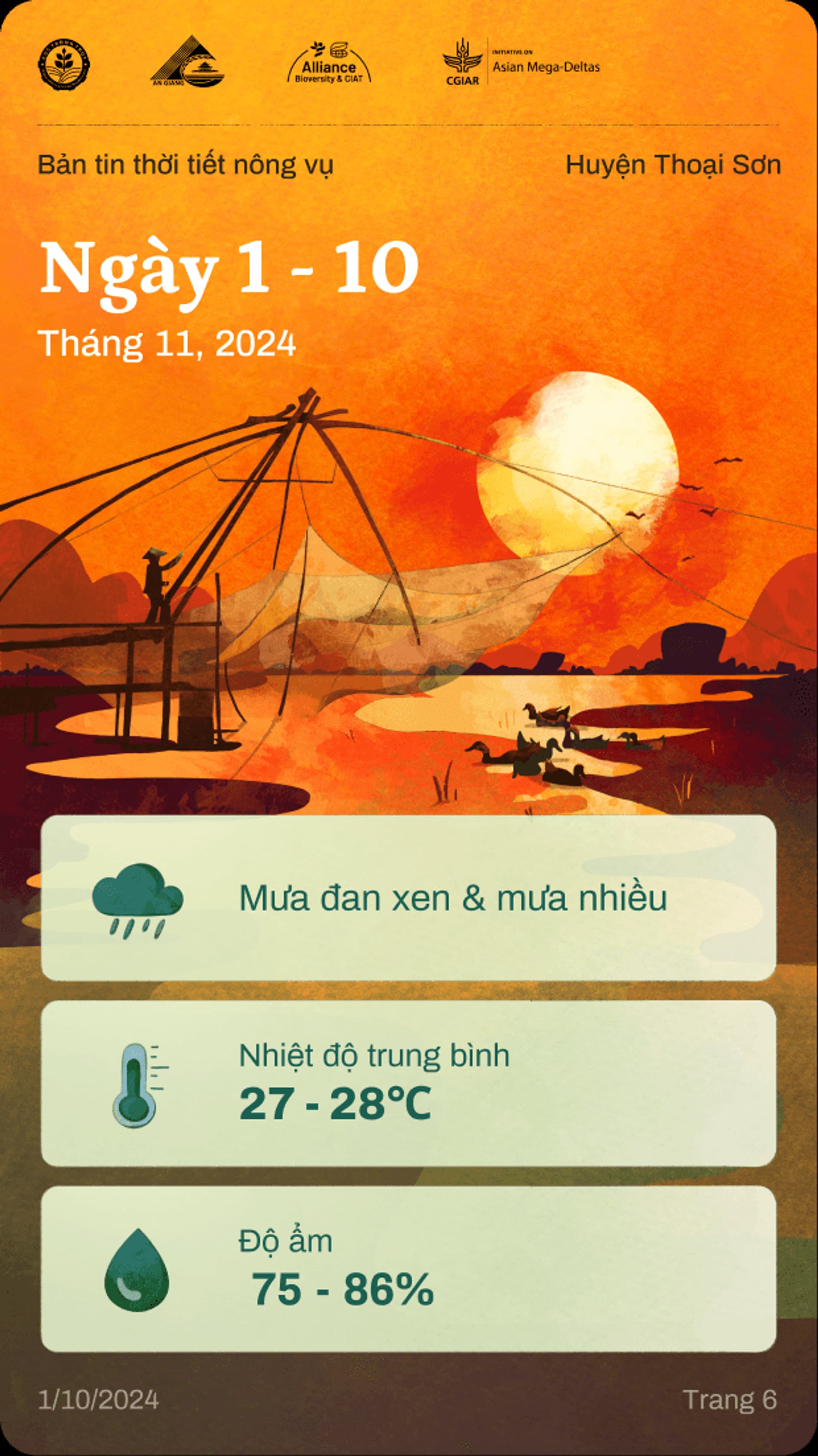 Weather forecast for Huyện Thoại Sơn, November 1-10, 2024, featuring rainfall and temperature details.