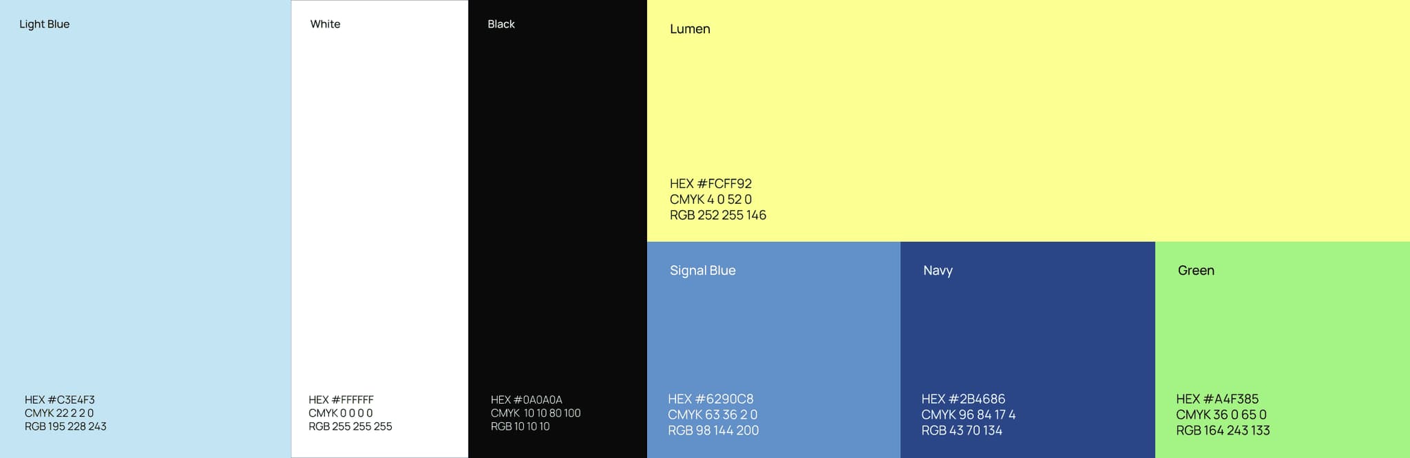 Color palette featuring light blue, white, black, lemon, digital blue, navy, and green with corresponding color codes.