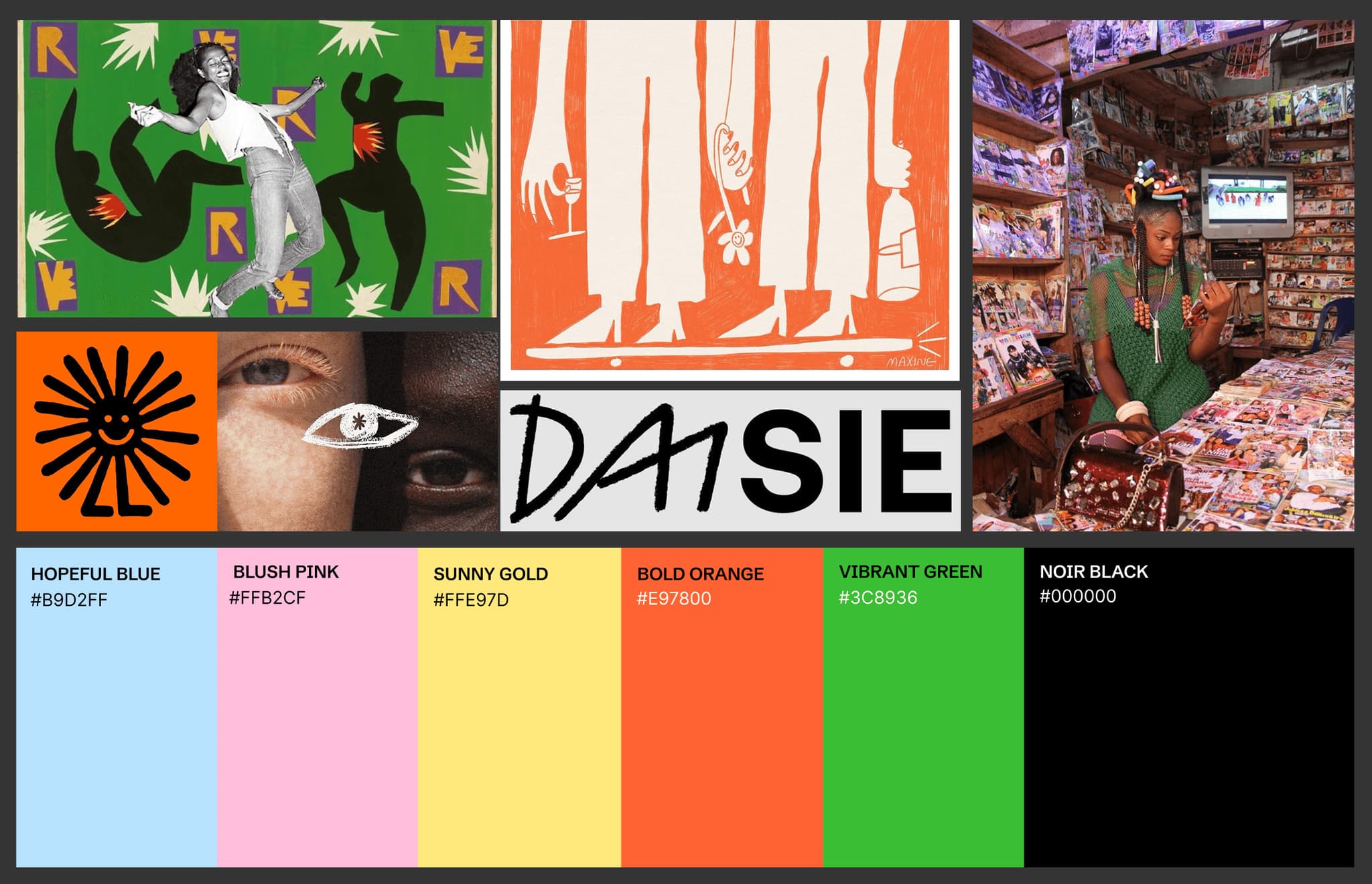 Color scheme showcasing vibrant colors such as Hopeful Blue, Blush Pink, Sunny Gold, Bold Orange, Vibrant Green, and Noir Black.