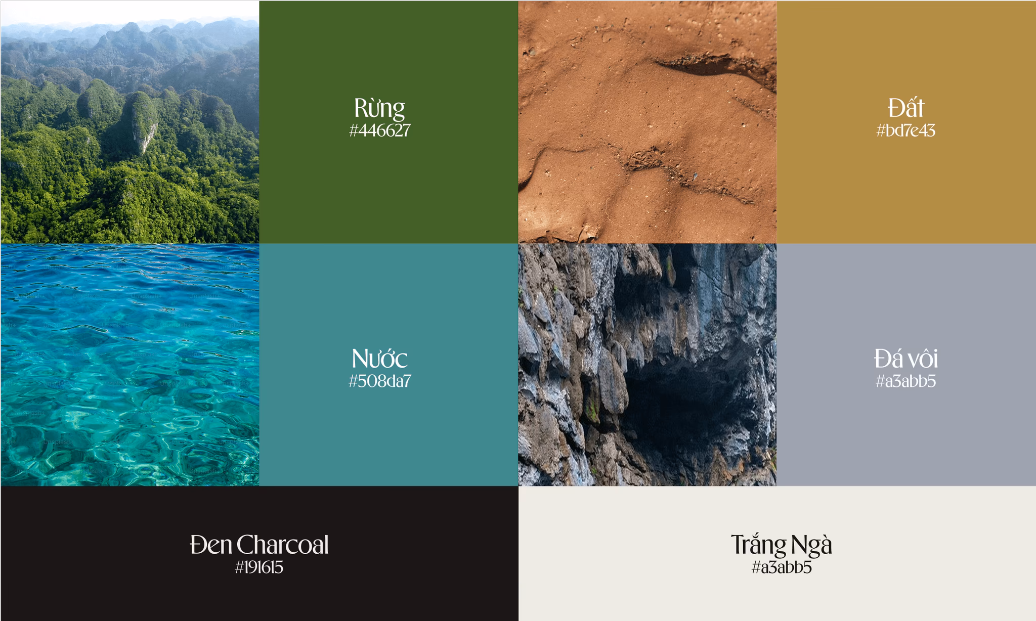 Color palette featuring earthy tones and textures, including shades of green, brown, blue, and gray, with hex codes.