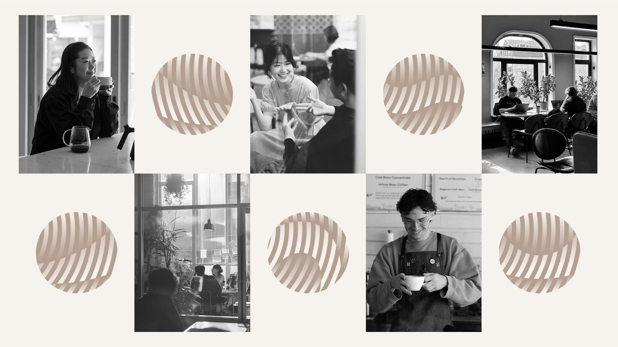 Collage of black and white photos featuring people enjoying coffee in a cozy café setting, with abstract leaf patterns.