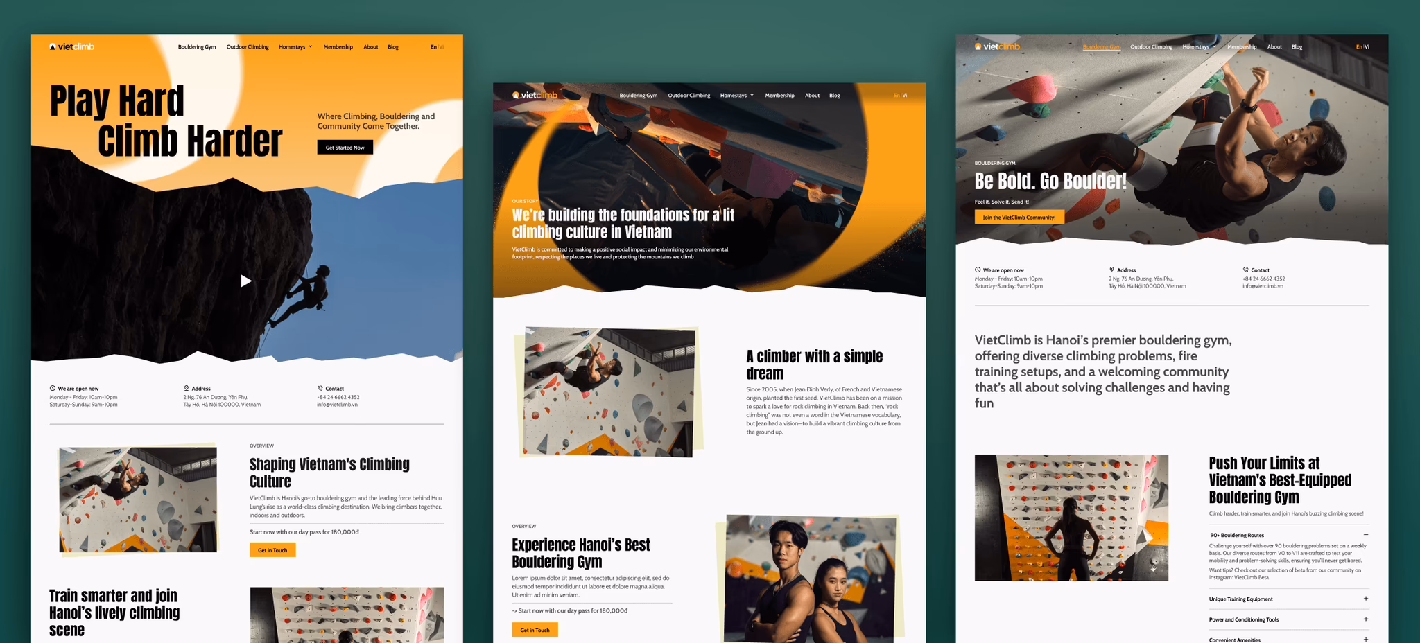 Climbing gym website mockup showcasing bold graphics, text, and images related to climbing activities and experiences.