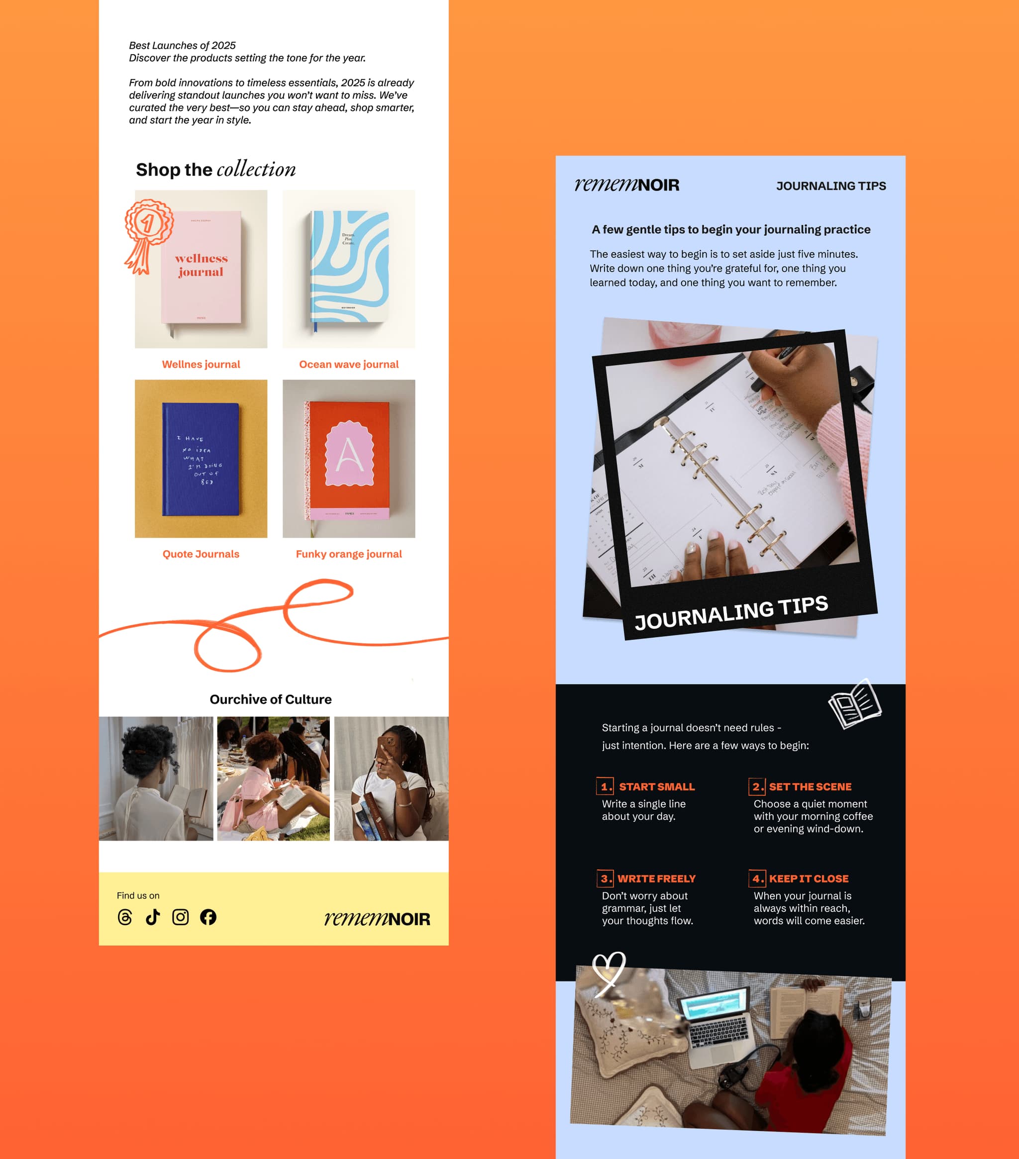 Email marketing layout featuring "Journaling Tips" and product sections for a collection of journals from Toniton Noir.