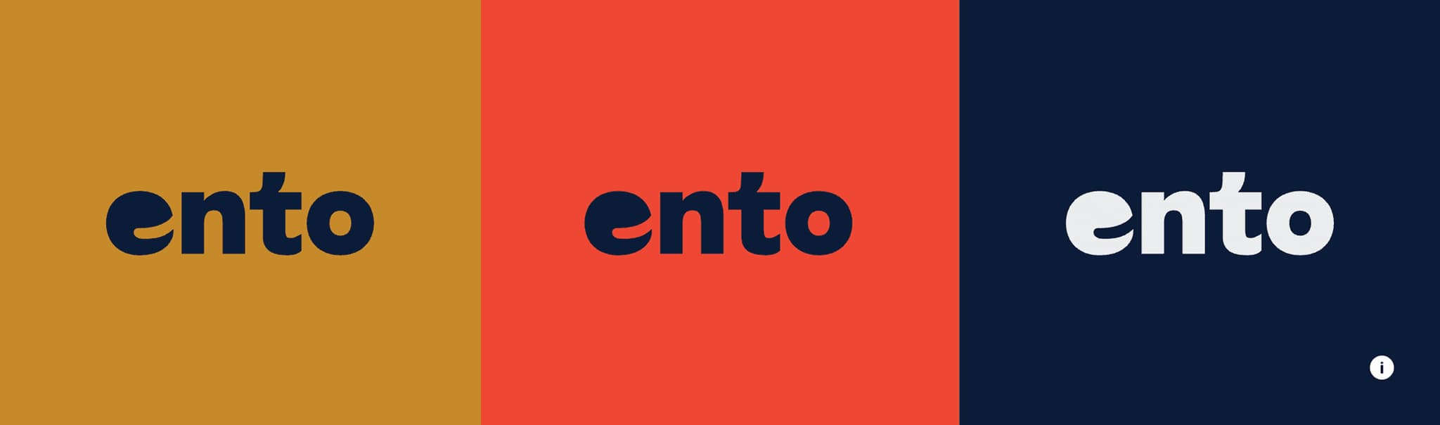 Colorful logo display featuring the brand "ento" in three different styles: gold, coral, and navy backgrounds.