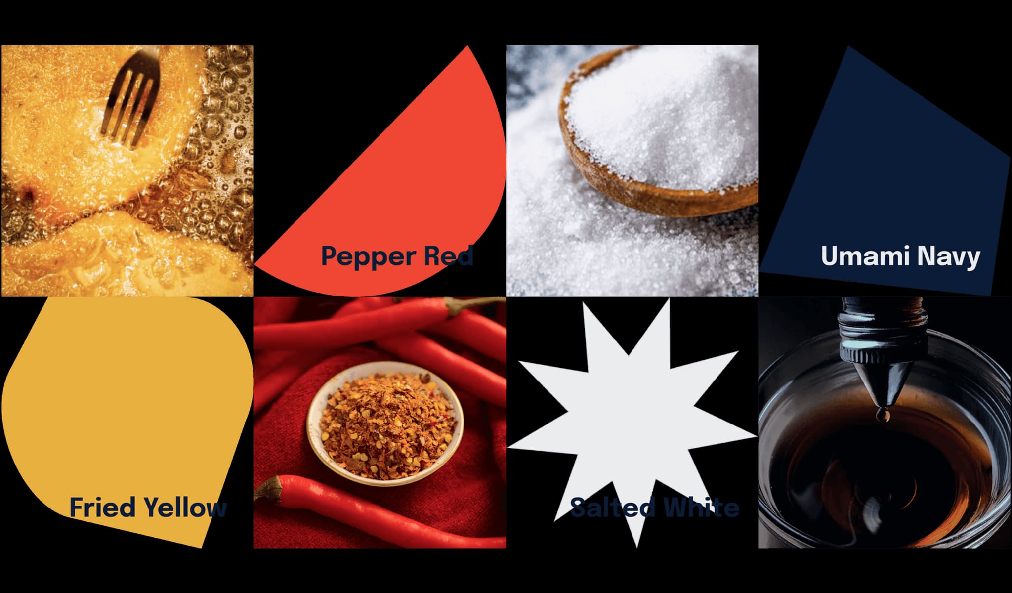 Color palette showcasing seven vibrant colors: Pepper Red, Umami Navy, Fried Yellow, and spices, enhancing culinary themes.