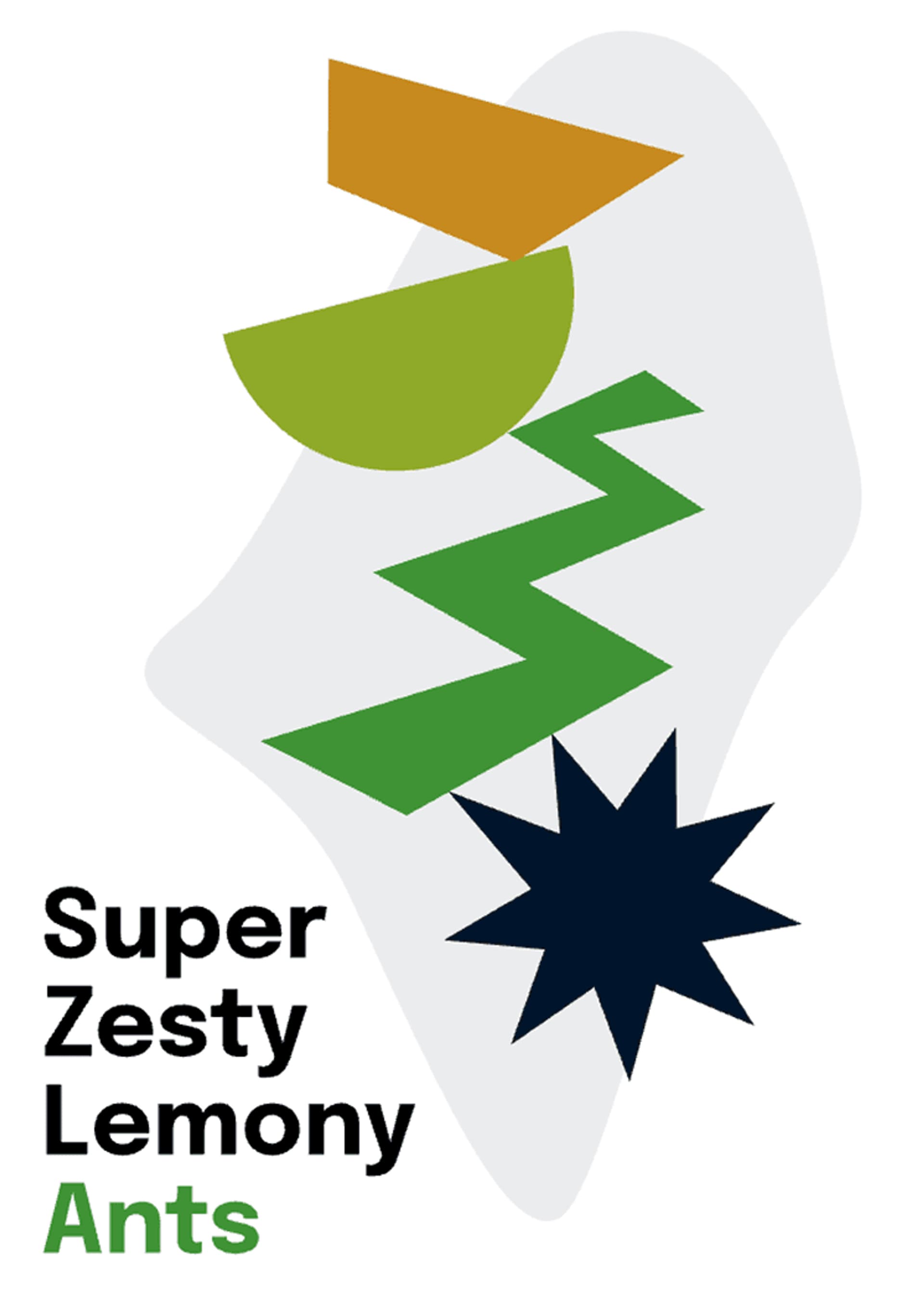 Abstract design featuring geometric shapes in green, orange, and blue, with the text "Super Zesty Lemony Ants."