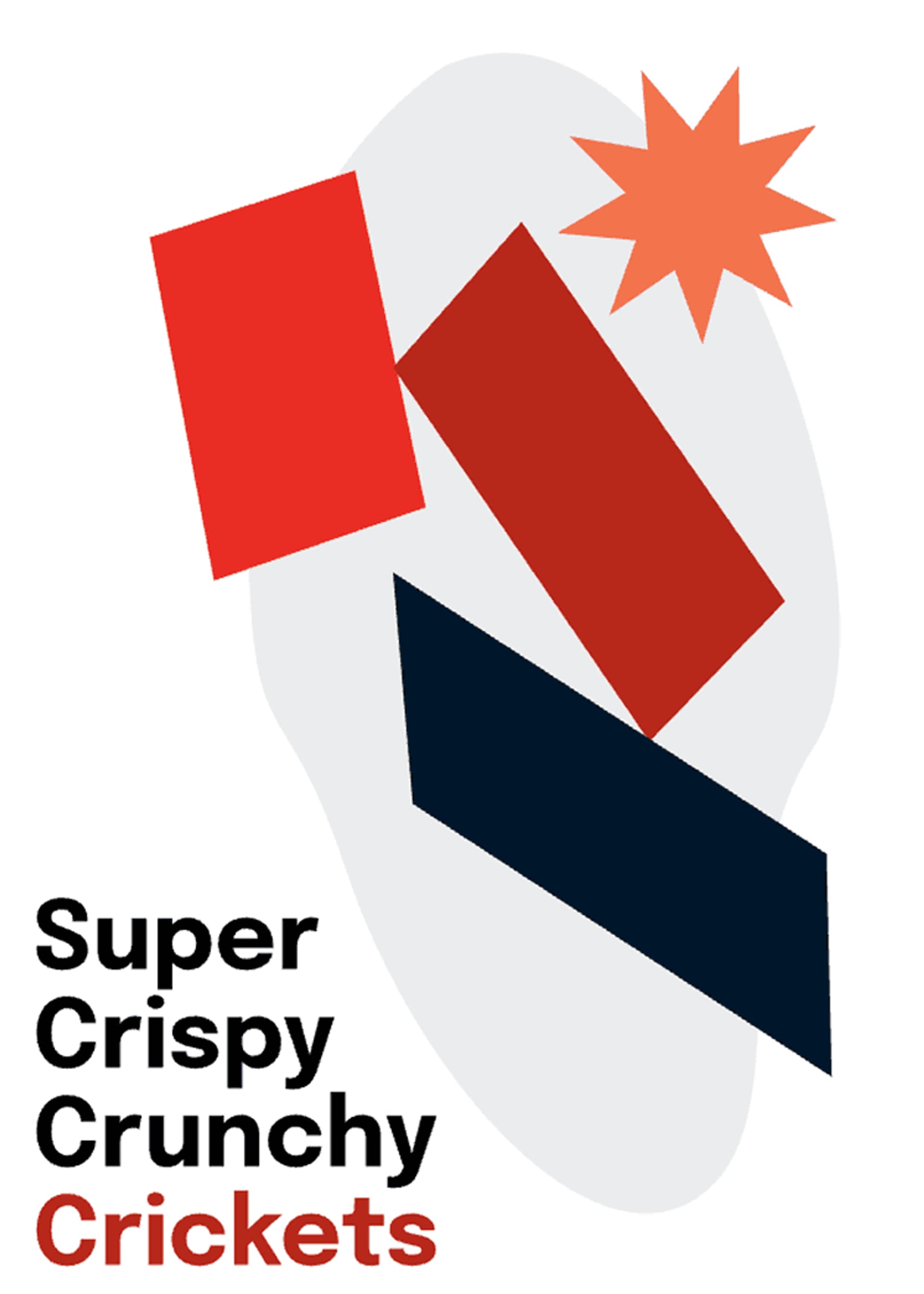 Abstract design featuring bold shapes and colors, promoting "Super Crispy Crunchy Crickets" snack product.