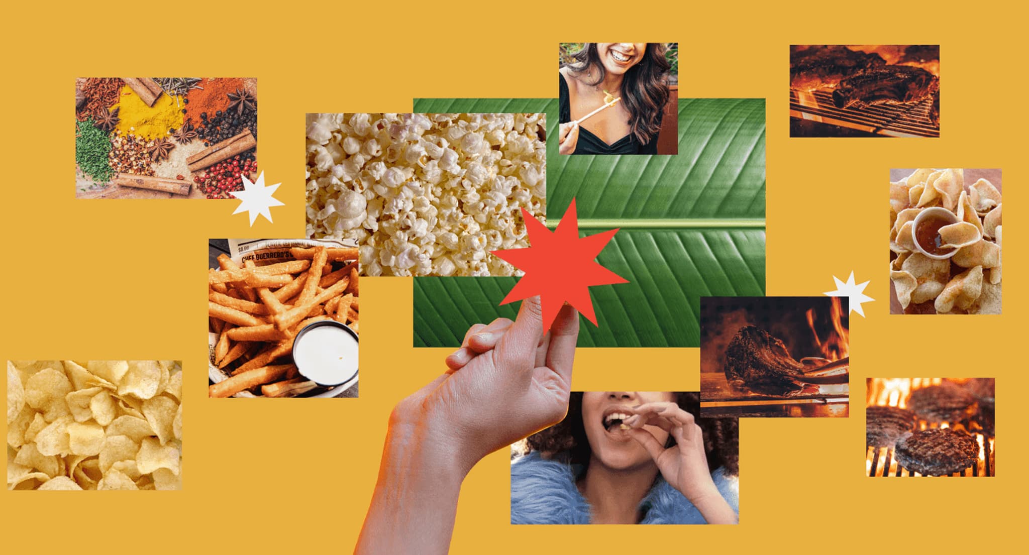 Colorful mood board showcasing various snacks, including popcorn, chips, and fries, against a vibrant yellow background.