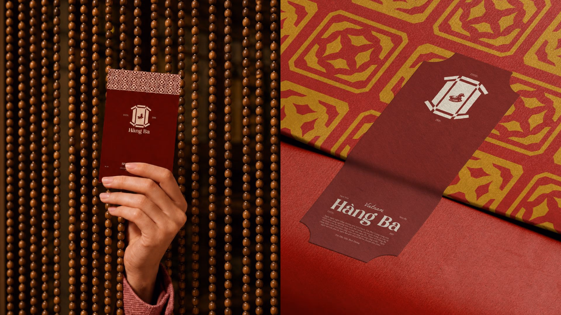 Red luxury invitation envelope with “Heng Ba” and gold geometric pattern on a table display backdrop