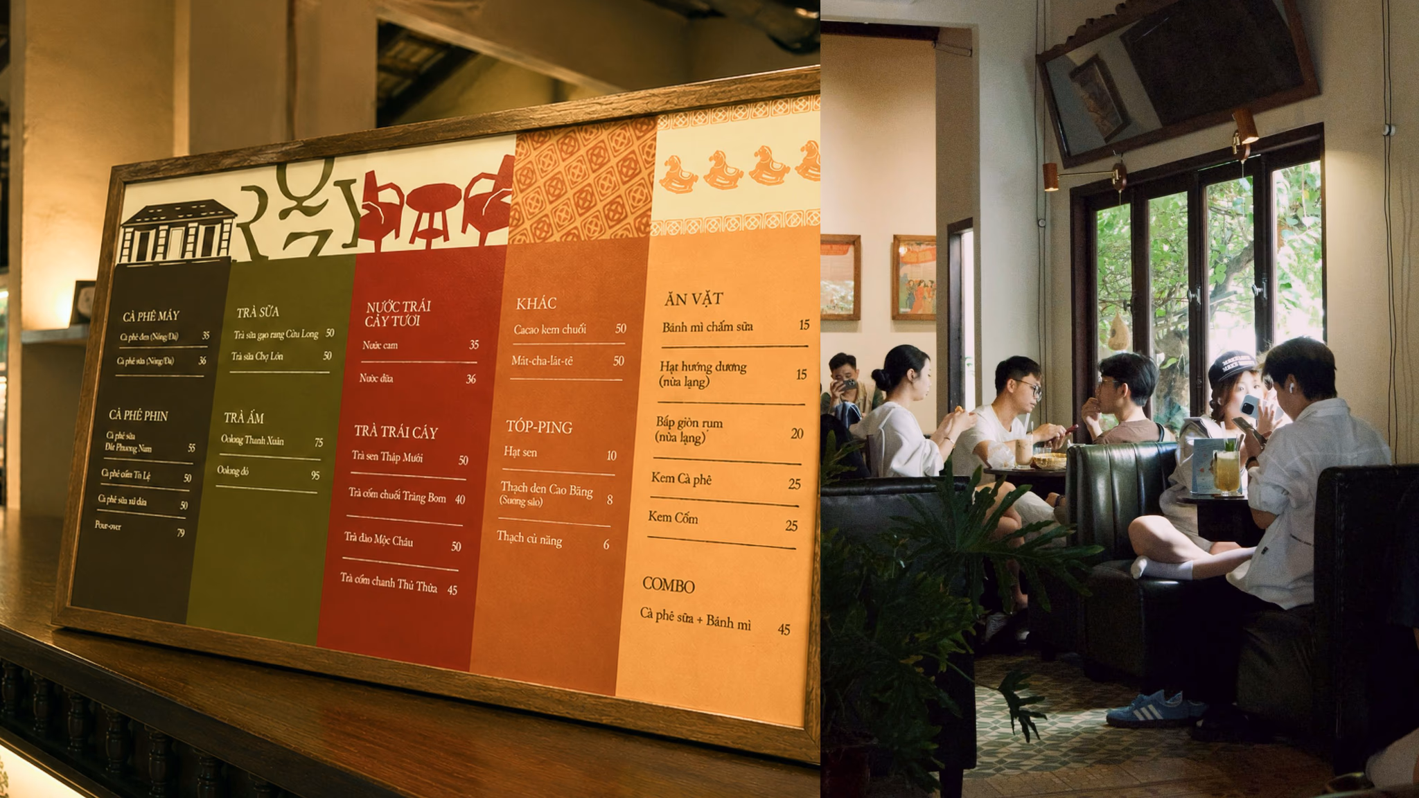 Colorful restaurant menu board beside diners seated in a bright, modern café