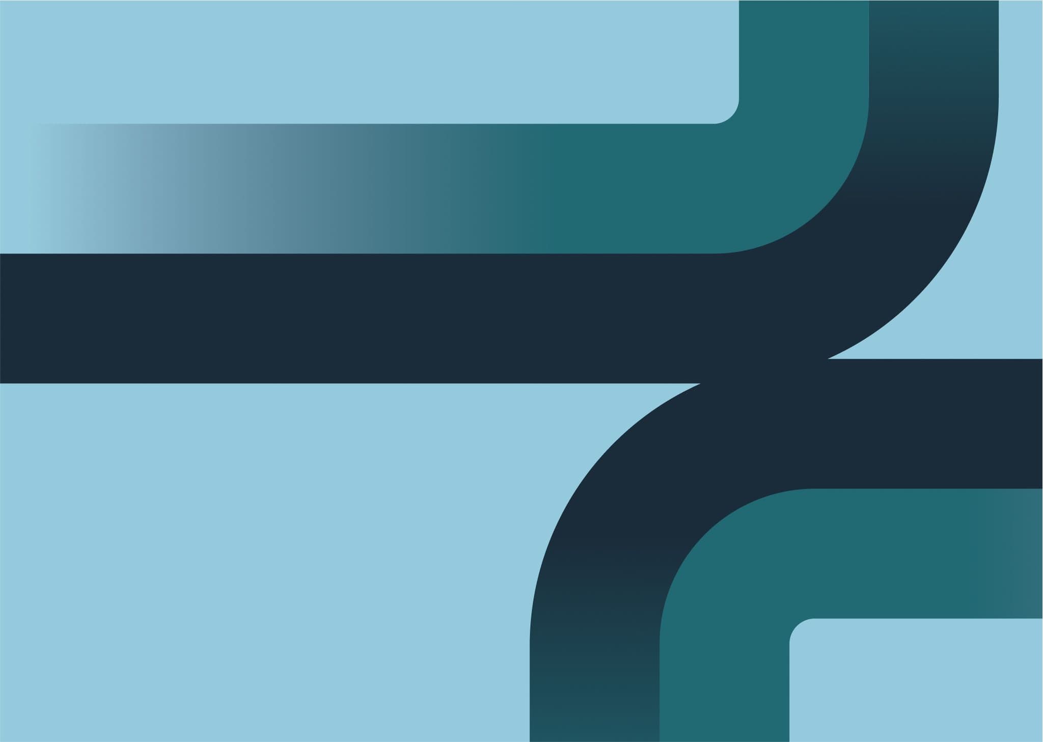 Abstract design featuring smooth geometric curves in shades of blue and dark teal against a light blue background.