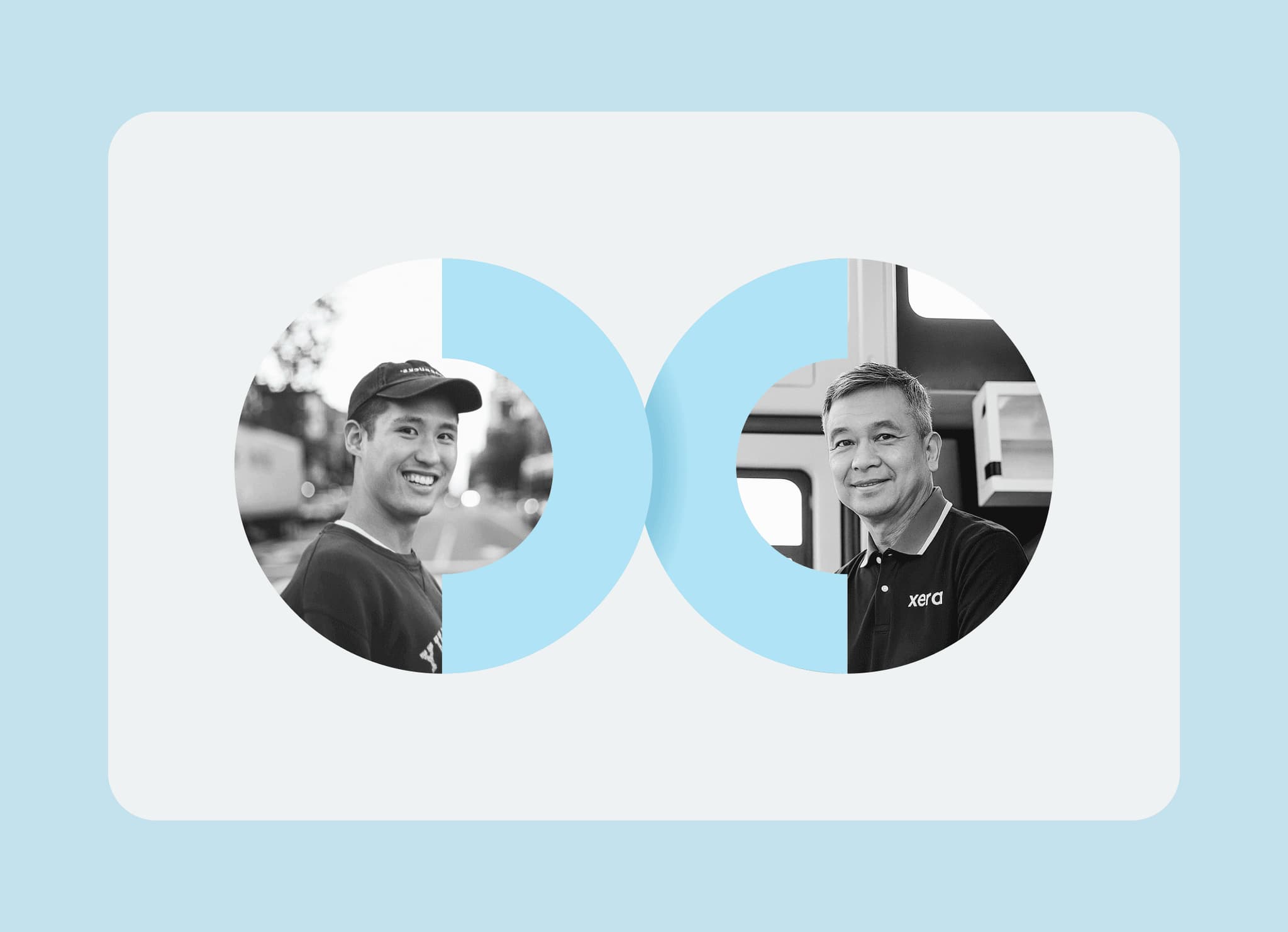 xEra's 'X' logo featuring two men smiling, symbolizing partnership between the company and its customers.