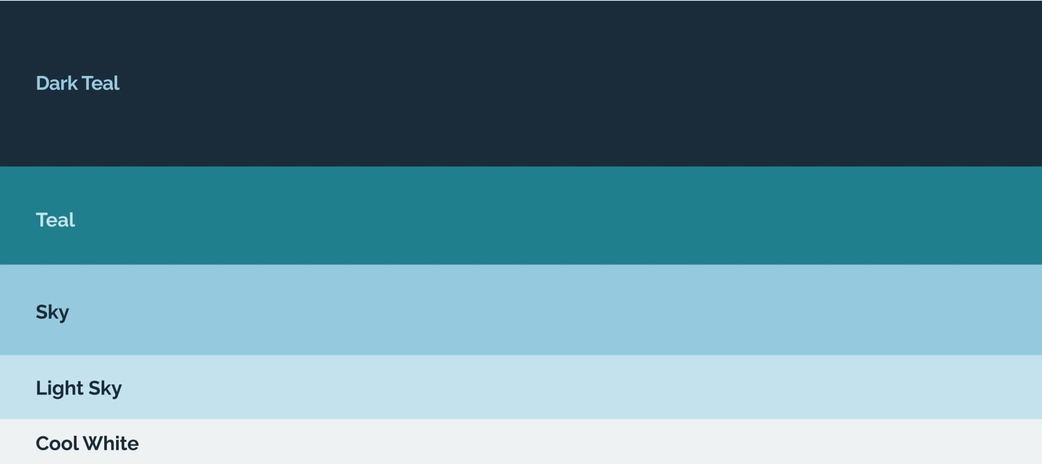 Color palette featuring shades of teal and blue, including Dark Teal, Teal, Sky, Light Sky, and Cool White.