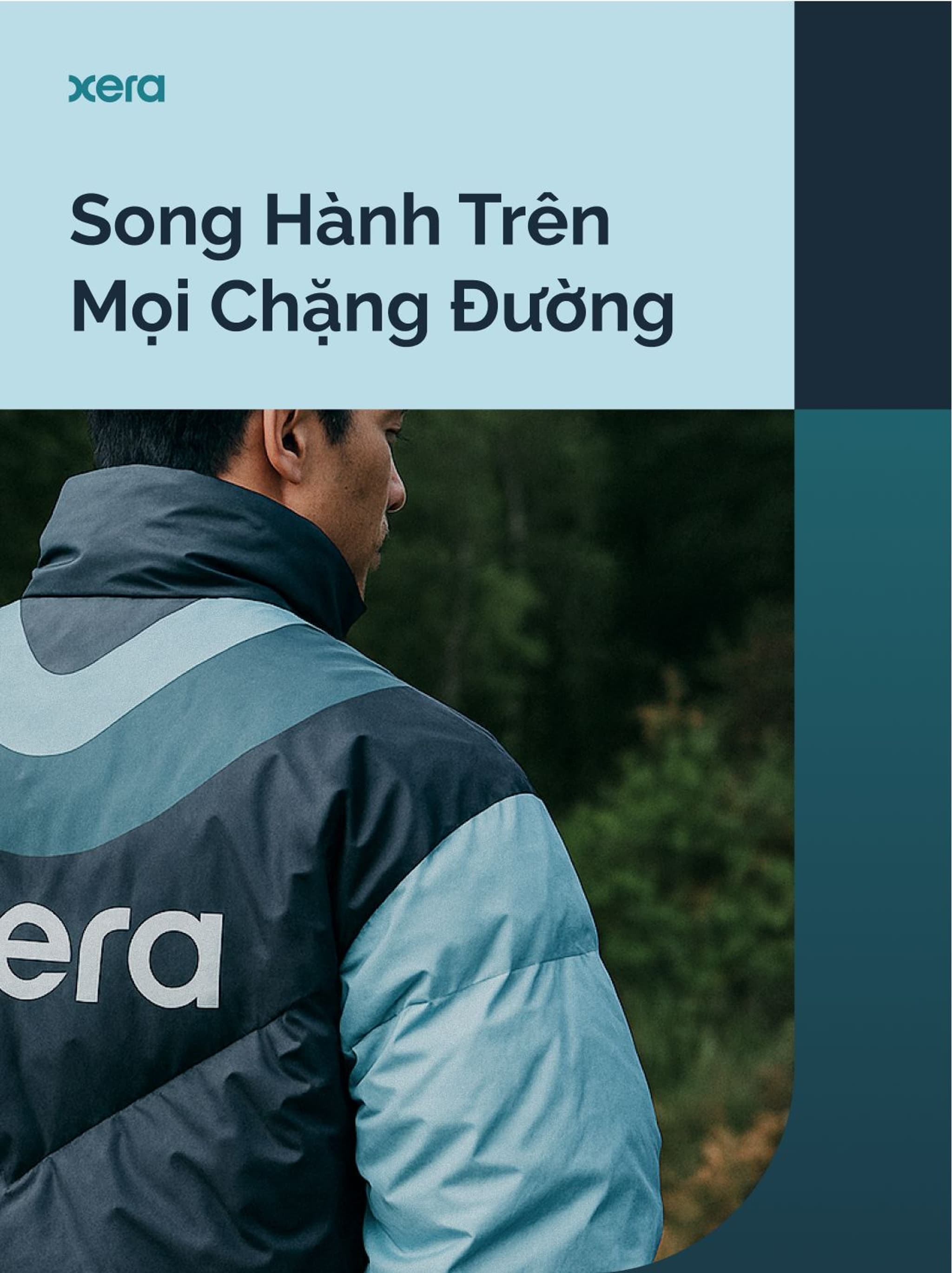 Vietnamese text on a jacket reading "Xera" with a person in a stylish, outdoor setting.