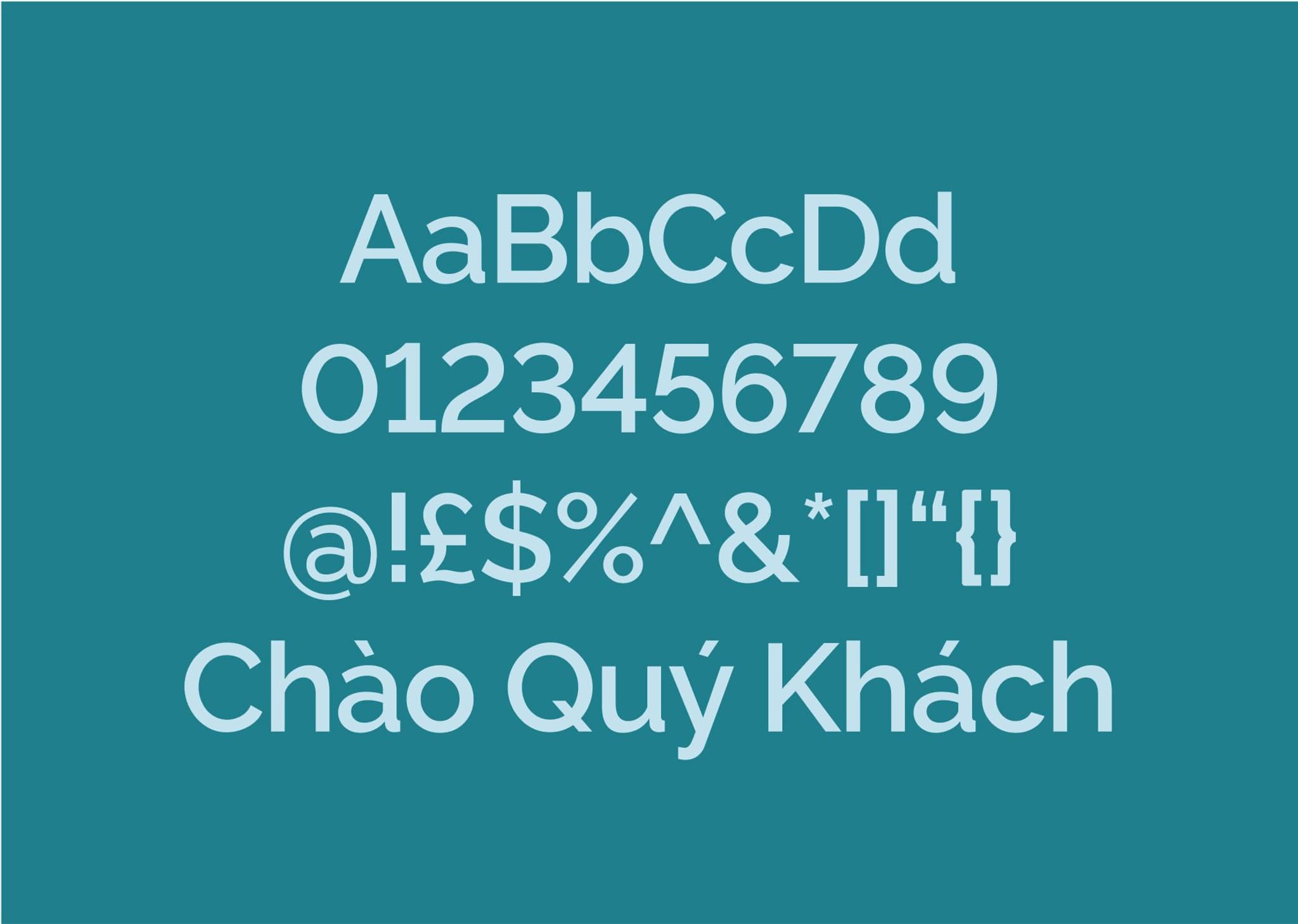 Typography design featuring uppercase and lowercase letters, numbers, symbols, and Vietnamese text "Chào Quý Khách" on a teal background.