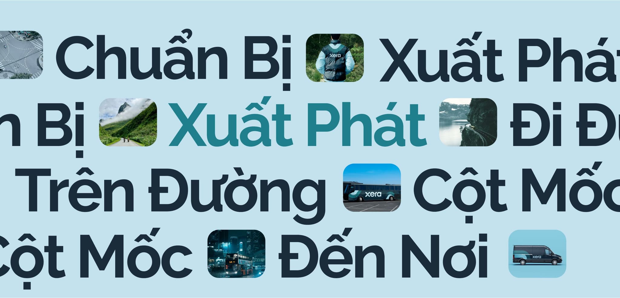 Text in Vietnamese promoting a journey, featuring phrases like "Chuẩn Bị," "Xuất Phát," and "Đến Nơi." Various travel visuals included.