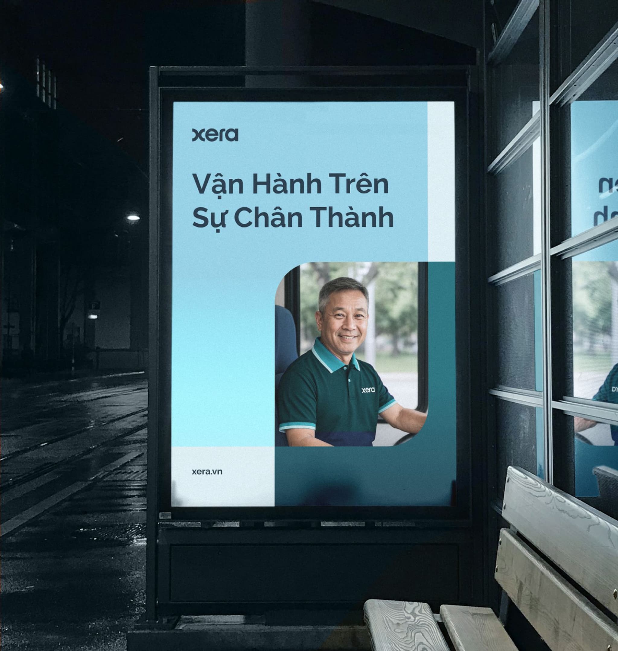 Advertising poster for Xera featuring a smiling man and Vietnamese text promoting reliable transportation services.