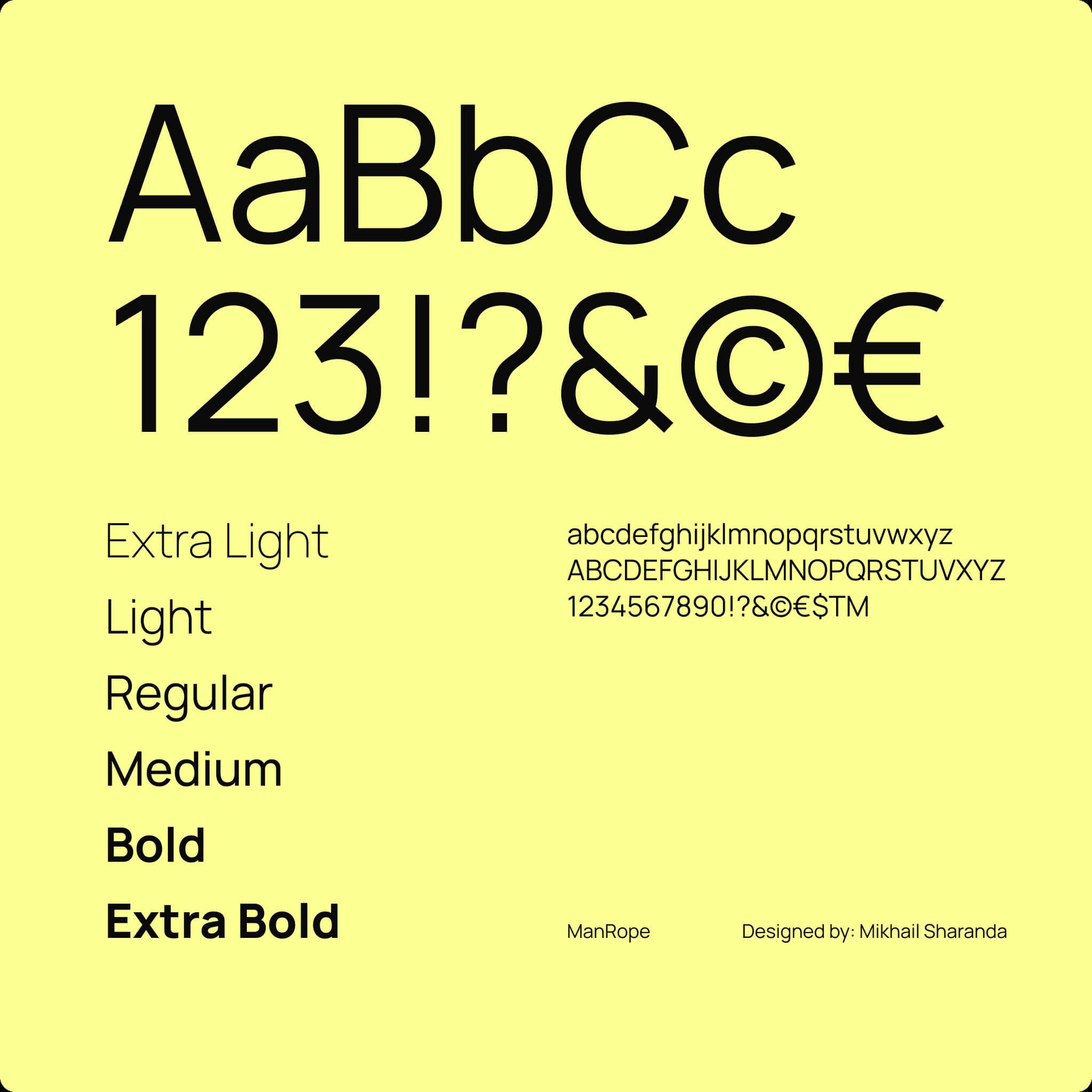 Display of the ManRope typeface showcasing various font weights, including Extra Light, Bold, and Extra Bold, against a yellow background.