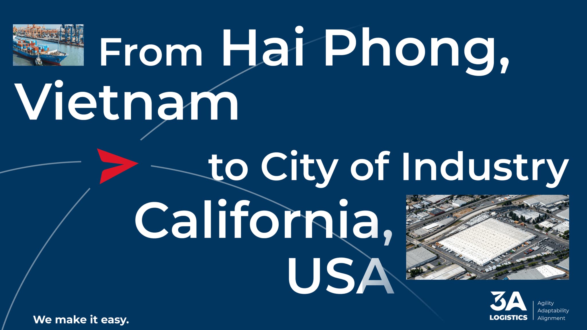 Logistics route from Hai Phong, Vietnam, to City of Industry, California, featuring shipping ports and warehouse images.