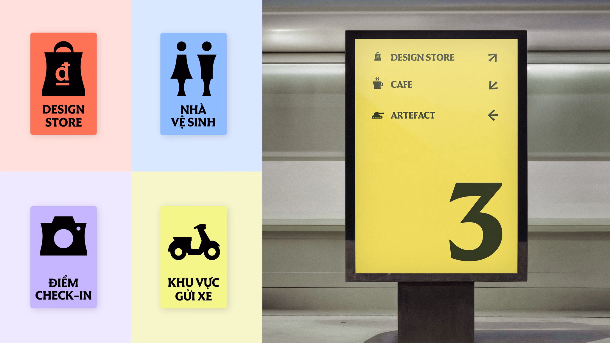 Iconography V2 sign icons for café, restroom, design store and ticket directions on wayfinding boards