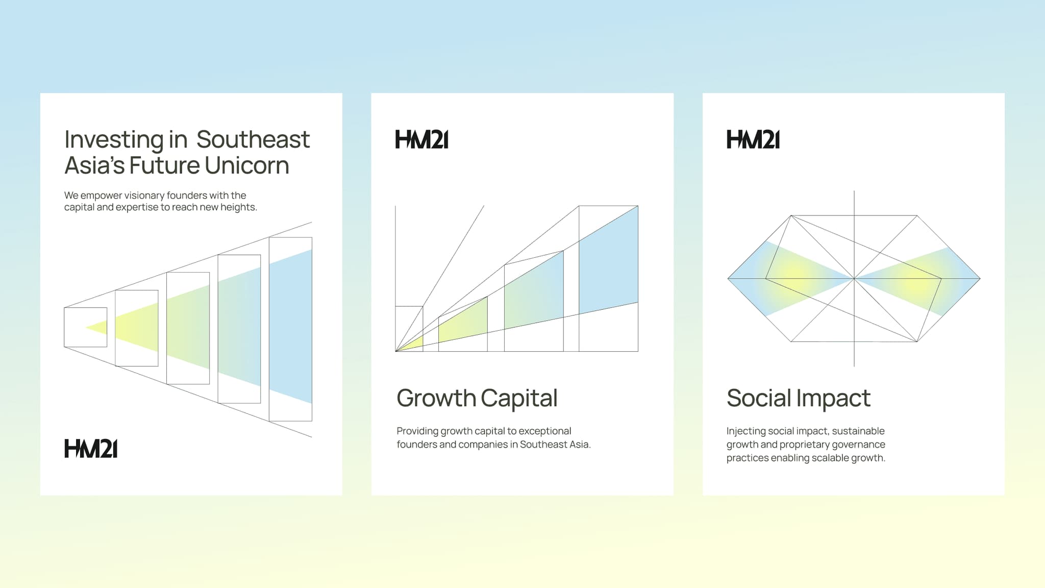Three posters highlighting investment themes: "Investing in Southeast Asia's Future Unicorn," "Growth Capital," and "Social Impact."